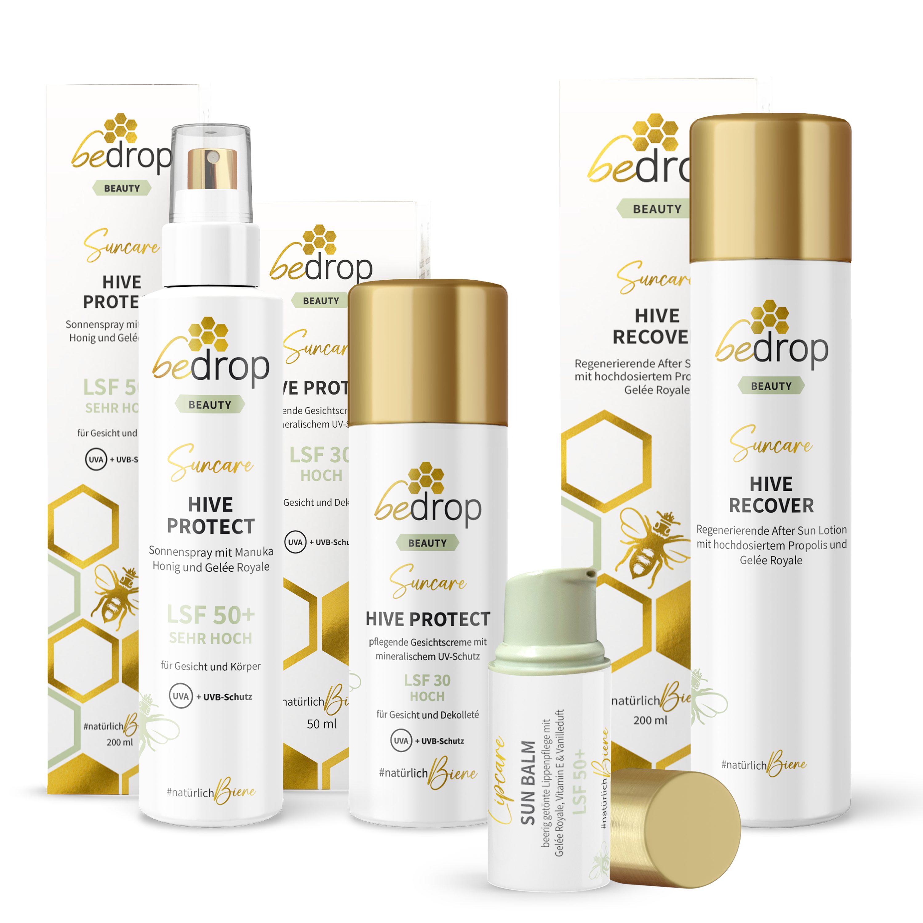 bedrop Sonnenschutzpflege Sun Care Set: Lippenpflege, Sonnencreme, Spray & After-Sun, Set, Für Deinen Sommertag: intensiver UV-Schutz und pflegende Regeneration