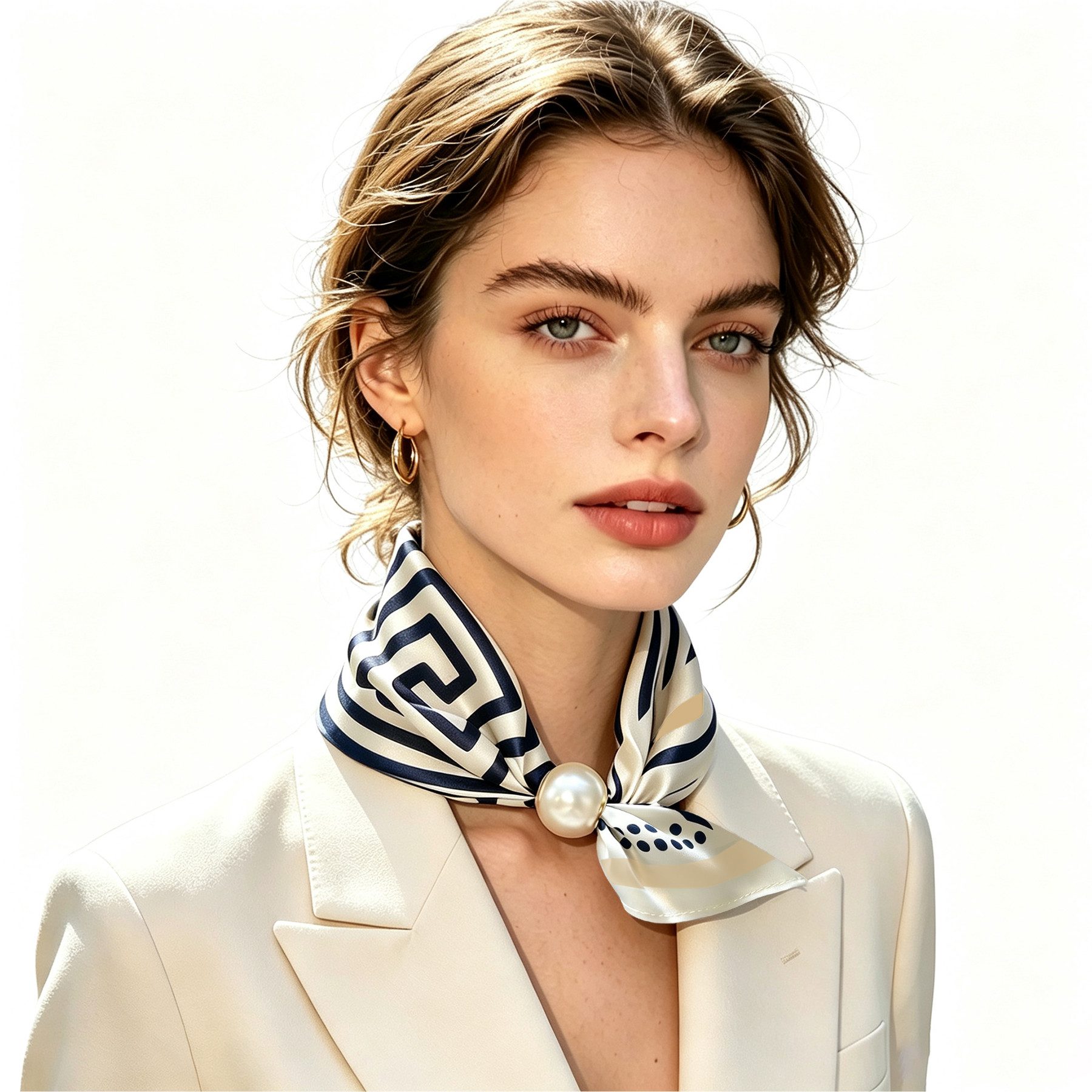 Mutig Modetuch Damen-Halstuch, Satin Seidenschal, Perlen-Magnetverschluss, Vielseitig, (Retro-Grafikdruck, Magnetverschluss-Design, Als Halstuch, Seidenschal oder Armband tragbar), Lässt sich mit Blazer, Hemd, Mantel und Kleid kombinieren