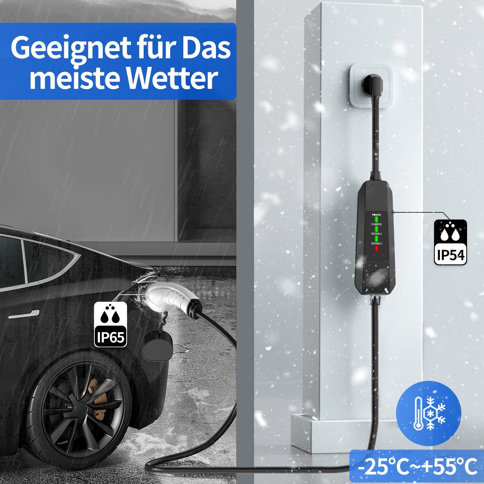 Ladegerät Type 2, Joycharge 1-phasig / EV Elektroauto-Ladestation Schuko 3,70kW 16A, Tragbares