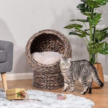 PawHut Tierhaus Rattan Katzenkorb Katzenbett mit Kissen Haustierbett Wasserhyazinthe, 42Bx33Tx52H cm