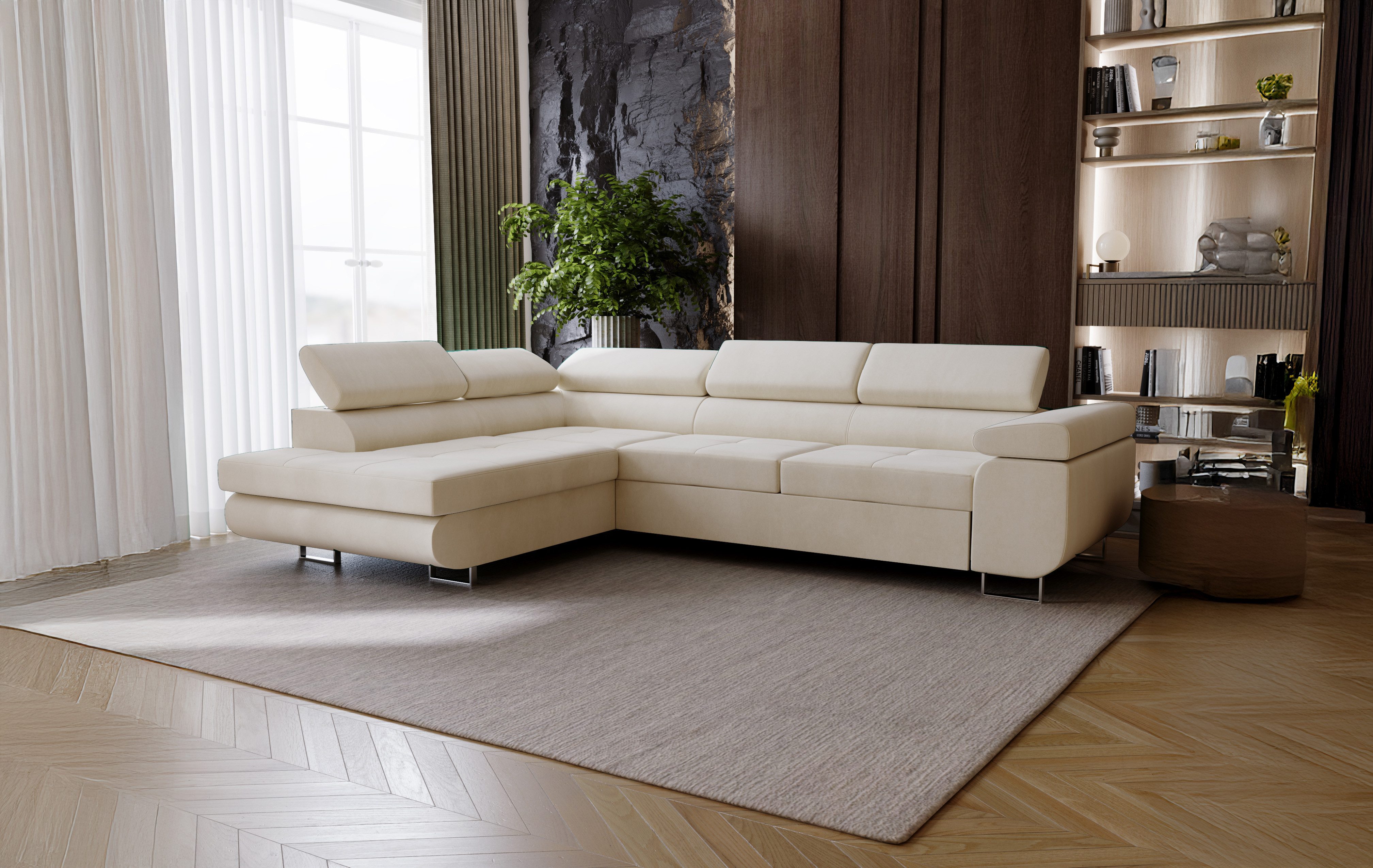 Goldstoff Ecksofa mit Schlaffunktion - Designersofa, Sofa mit Bettfunktion günstig online kaufen