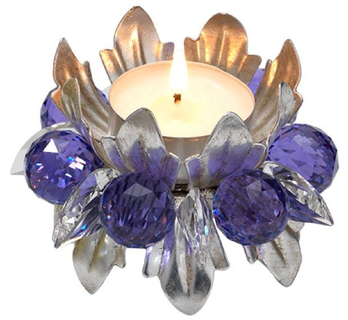 Casa Padrino Teelichthalter Luxus Teelichthalter mit Swarovski Kristallglas Silber / Violett Ø 9 x H. 6 cm - Luxus Wohnzimmer Deko Accessoires