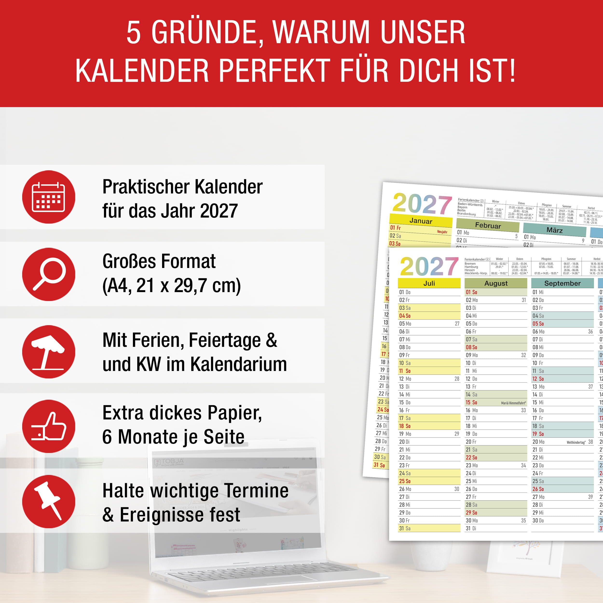 TOBJA Wandkalender Tafelkalender 2027 Bunt DIN A4 3er Set Halbjahreskalender Familie, 350g Papier, Pastellfarben, Ferien & Feiertage, Kalenderwochen, A4