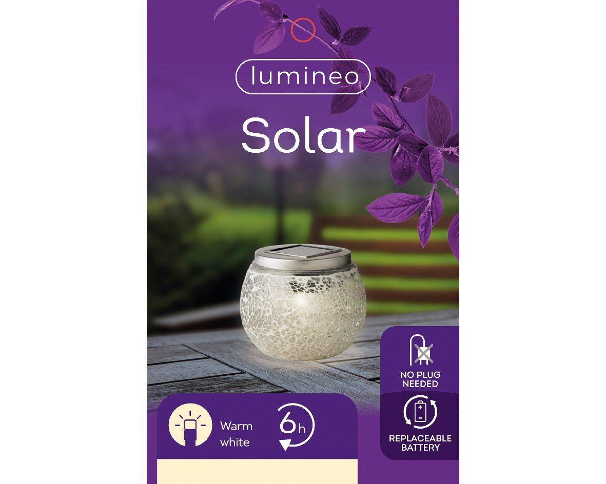 Lumineo LED Solarleuchte, Dauerlicht, warmweiß, Solar Gartenleuchte LED Tischleuchte Mosaik Glas 9x10cm Warmweiß