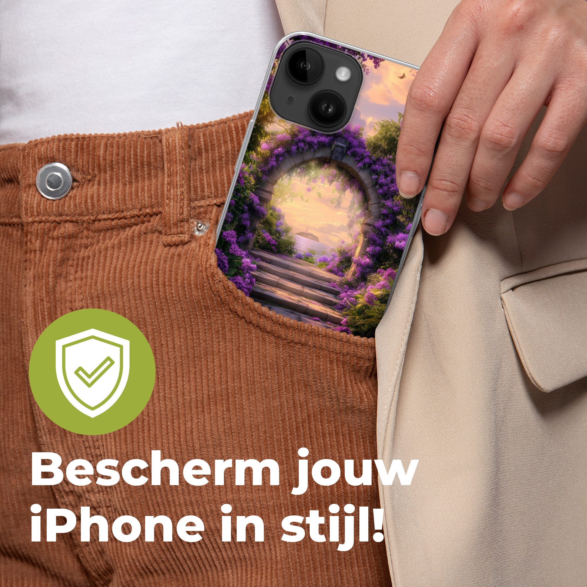 MuchoWow Handyhülle für Apple iPhone 14 Tor - Lila - Blumen, Smartphone-Bumper, Print, Handy Schutzhülle Dünn