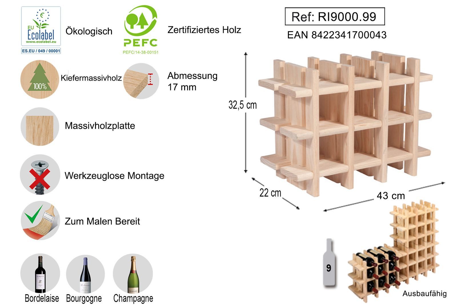 Astigarraga Kit Line Weinregal Weinregal Holzregal Flaschenregal, kleines Weinregal, bis zu 9 Flaschen