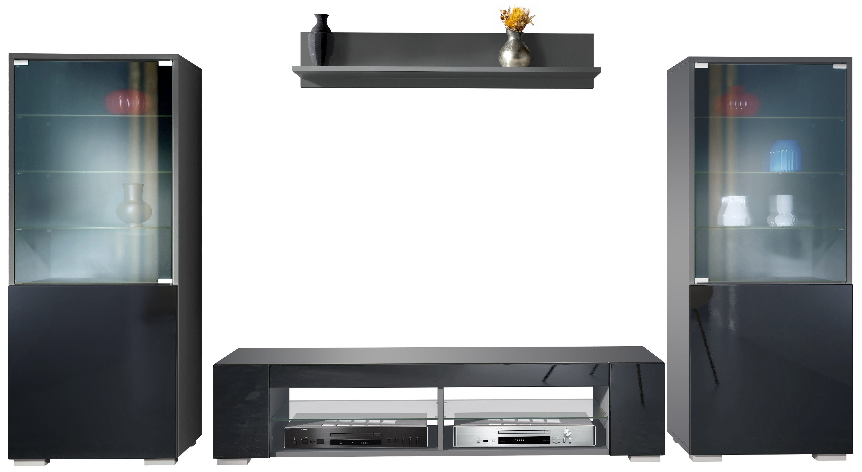 Vladon Wohnwand Nevada V2, (Anbauwand, bestehend aus 2 Vitrinen, 1 TV-Board und 1 Wandregal), Anthrazit matt/Schwarz Hochglanz (304,5 x 141 x 39 cm)