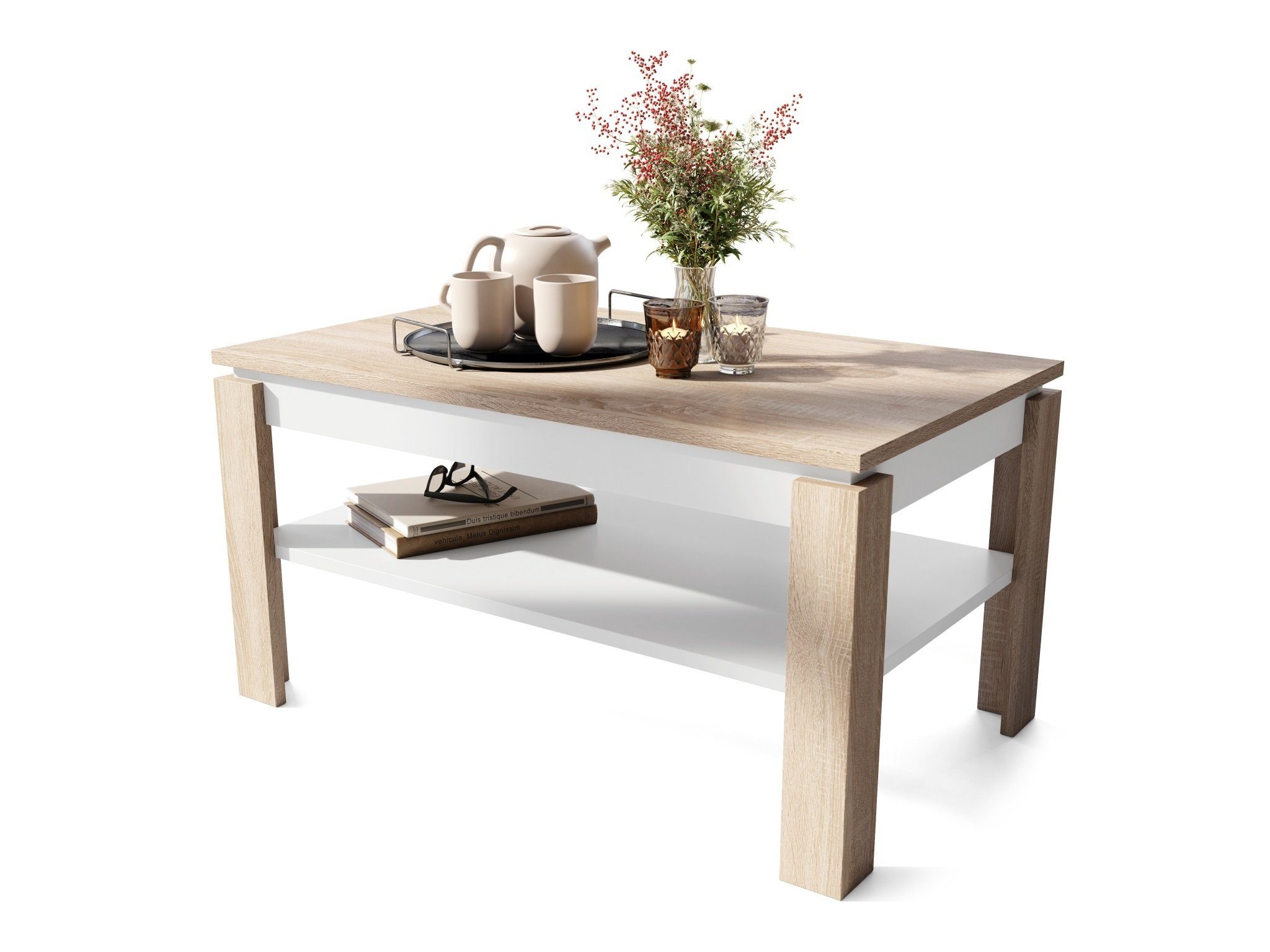 designimpex Couchtisch Weiß Design Ablagefläche / Esstisch Tisch ausziehbar Sonoma matt Eiche mit Couchtisch Asti-R
