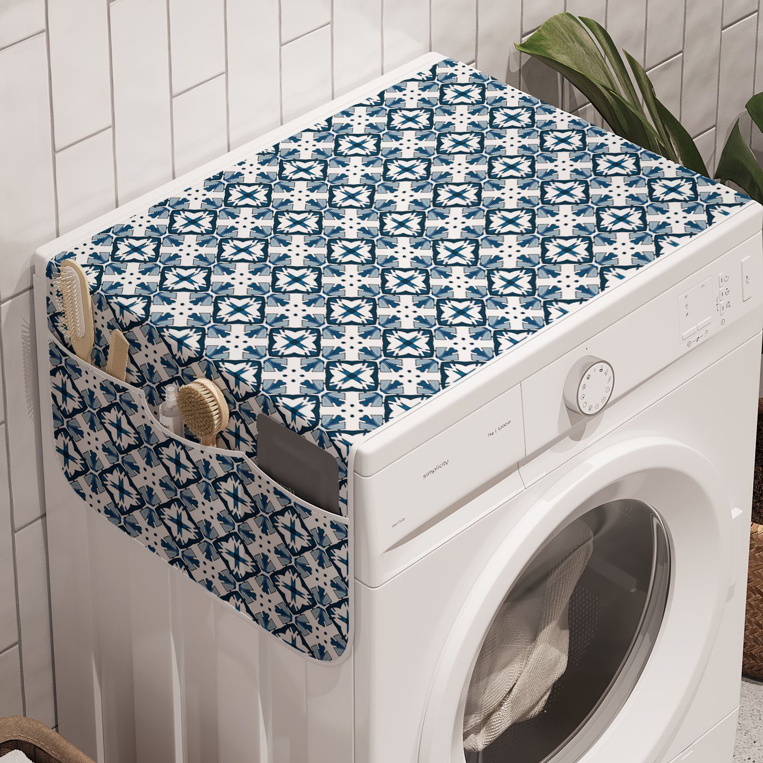 Abakuhaus Badorganizer Anti-Rutsch-Stoffabdeckung für Waschmaschine und Trockner, Blau und weiß portugiesische Fliesen