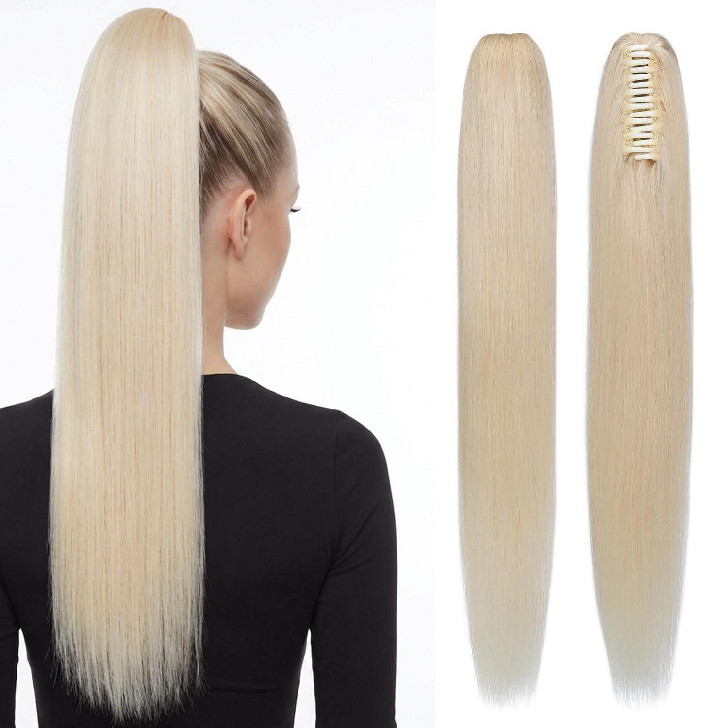 LuxusKollektion Echthaar-Extension Pferdeschwanz Echthaar Extensions Klammer Zopf 55cm #60 Platinblond