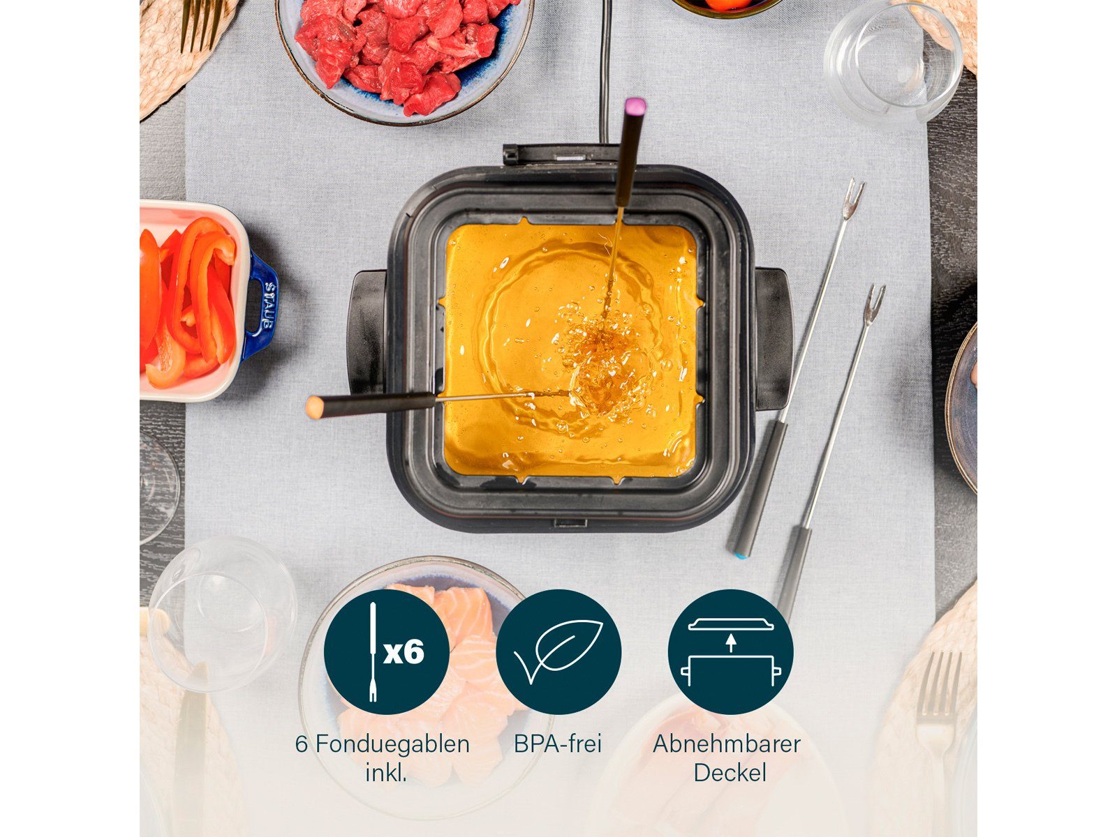 PRINCESS Fritteuse, 840 1,2 Liter Käse, Schokobrunnen, Fleisch, 6 2in1 Gabeln für W, Fondue-Set