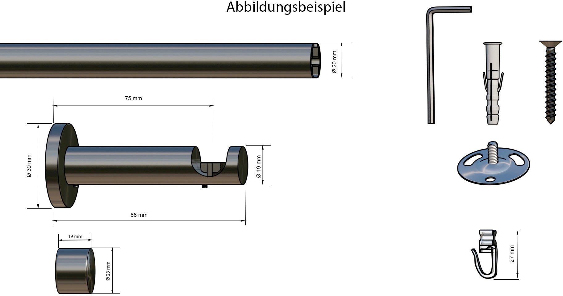 indeko Gardinenstange Consul, Ø 20 mm, 1-läufig, Wunschmaßlänge, mit Bohren, verschraubt, Aluminium, Innenlauf Komplett-Set inkl. Gleitern und Montagematerial