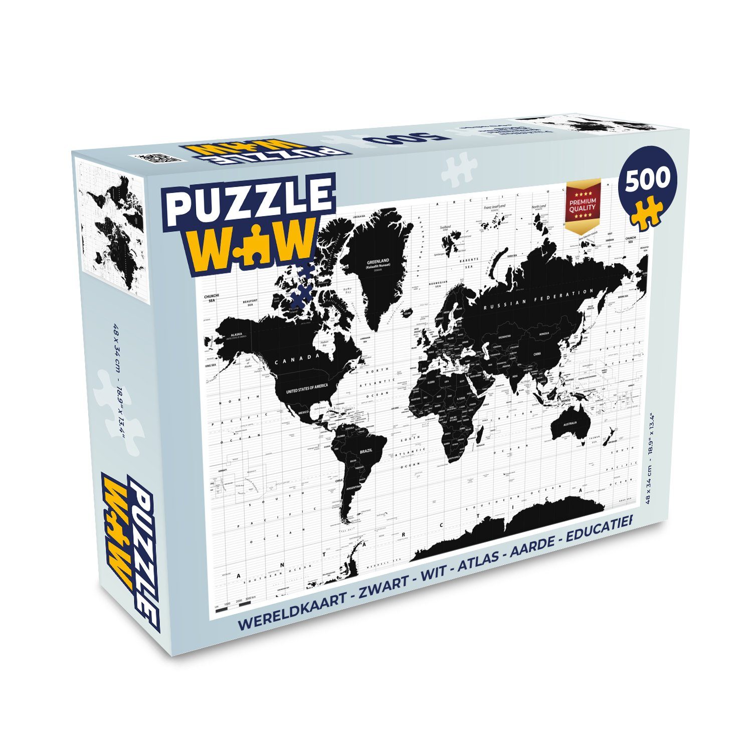 MuchoWow Puzzle Weltkarte - Schwarz - Weiß - Atlas - Erde - Bildung, 500 Puzzleteile, Foto-Puzzle, Bilderrätsel, Puzzlespiele, Spielzeug