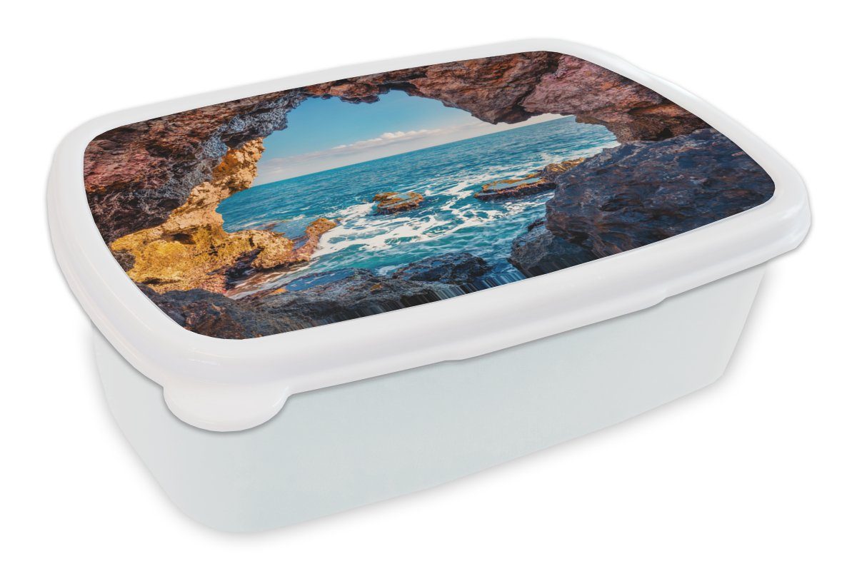 MuchoWow Lunchbox Höhle - Meer - Felsen - Natur, Kunststoff, (2-tlg), Brotbox für Kinder und Erwachsene, Brotdose, für Jungs und Mädchen weiß