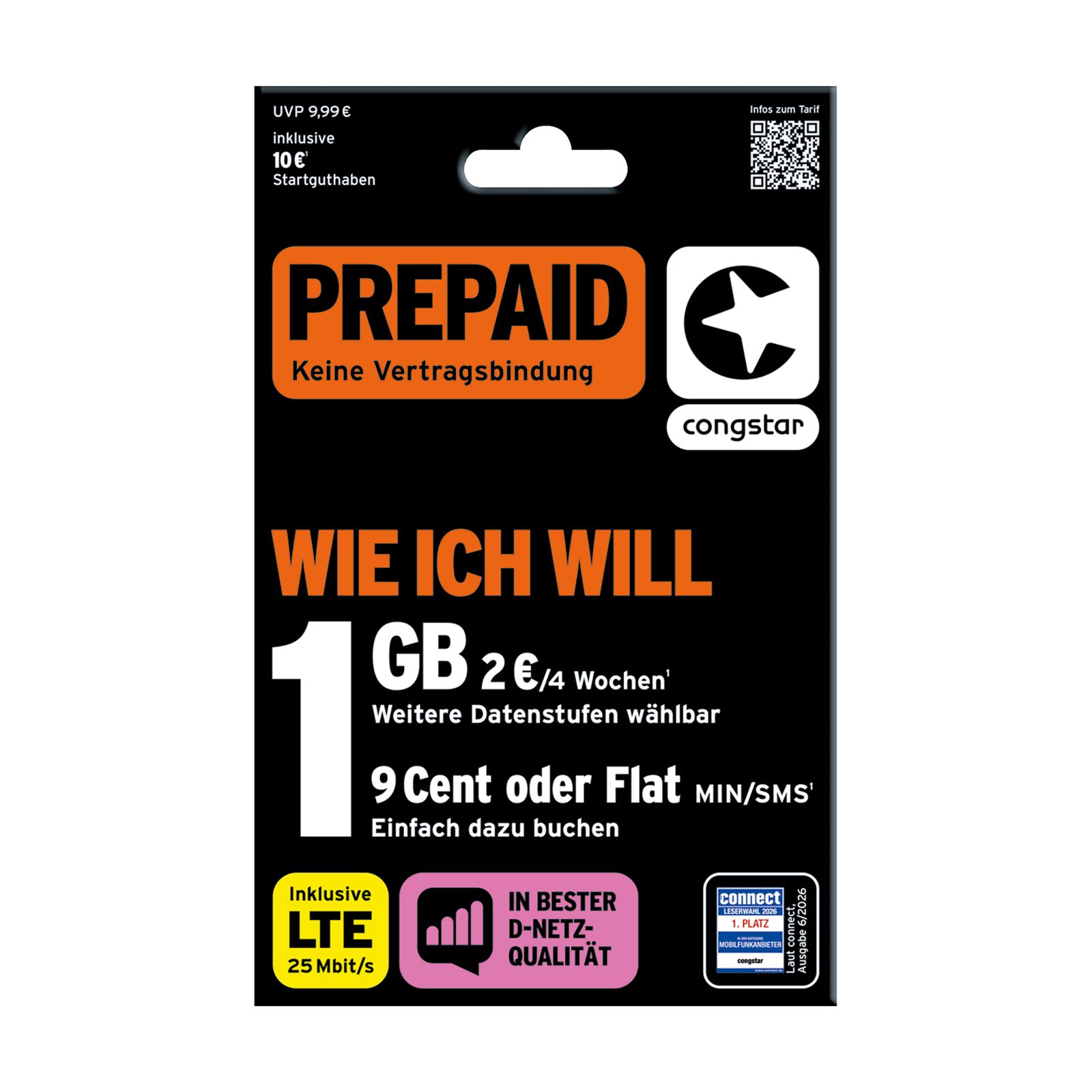 Congstar Prepaid wie ich will, SIM-Karte ohne Vertrag, LTE mit 25 Mbit/s Prepaidkarte, (Telefonie & SMS Flat, EU-Roaming inkl)