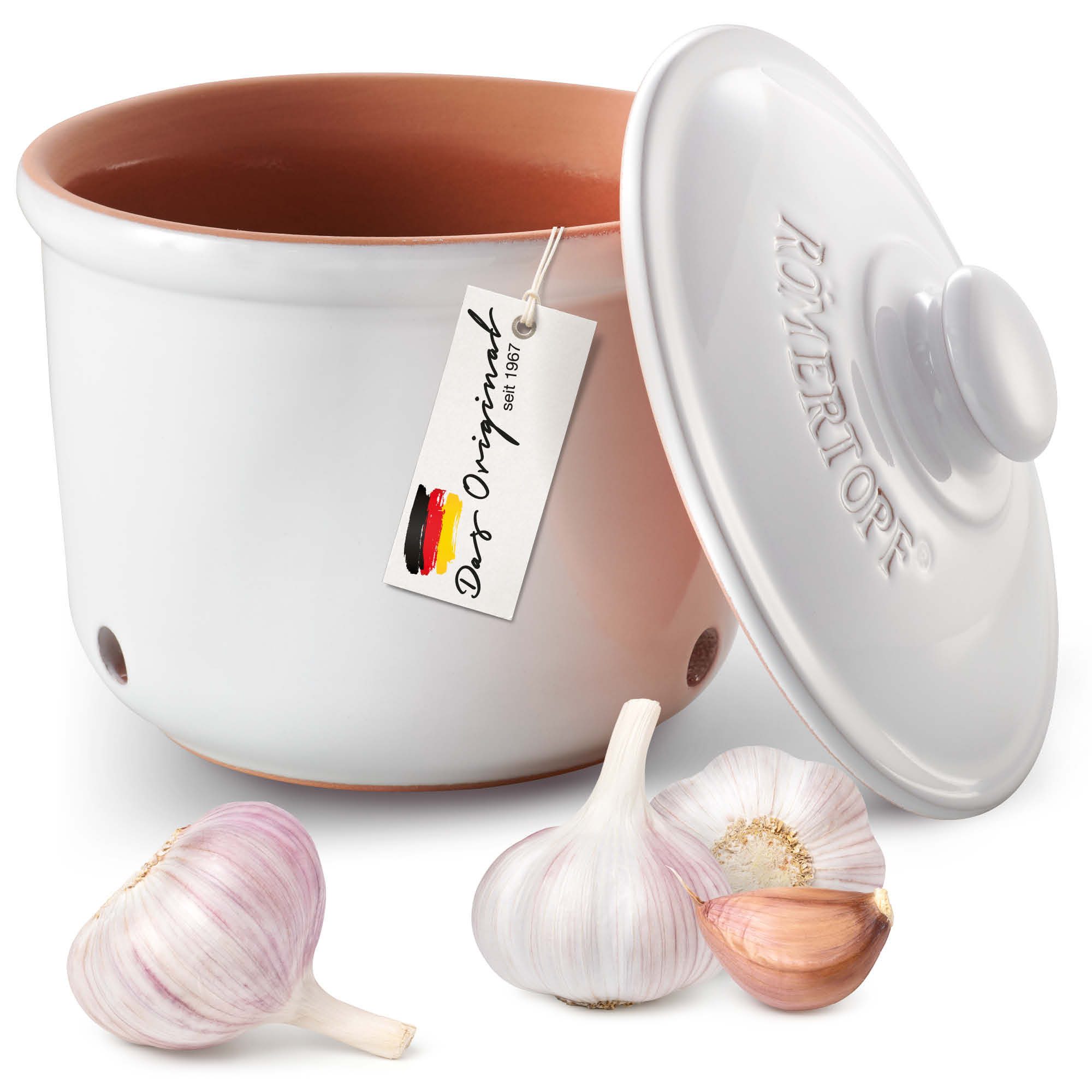 RÖMERTOPF Römertopf Frische-Topf MINI - Knoblauch Aufbewahrung 0,6 Liter Weiß, (Frischetopf & Deckel)
