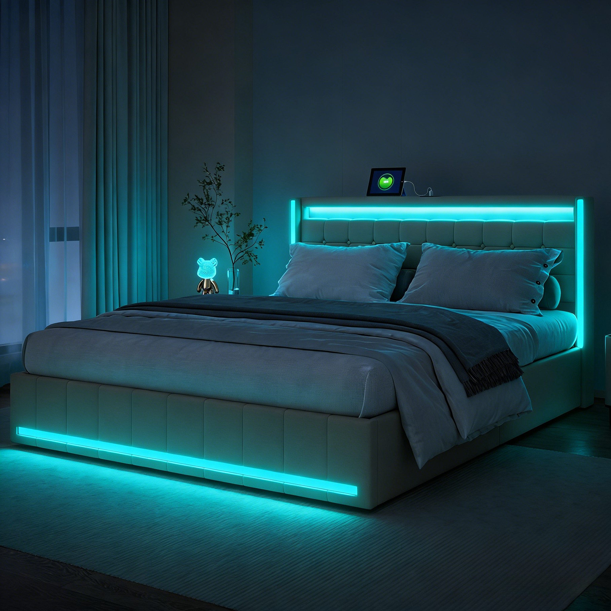 Furnishings Home Polsterbett LED Doppelbett 140x200 cm, Stauraumbett mit Kopfteil und 4 Schubladen (Leinenmaterial Polsterbett mit RGB Beleuchtung), mit Lattenrost und Ladefunktion, mit Komforthöhe, Leises Design Bett