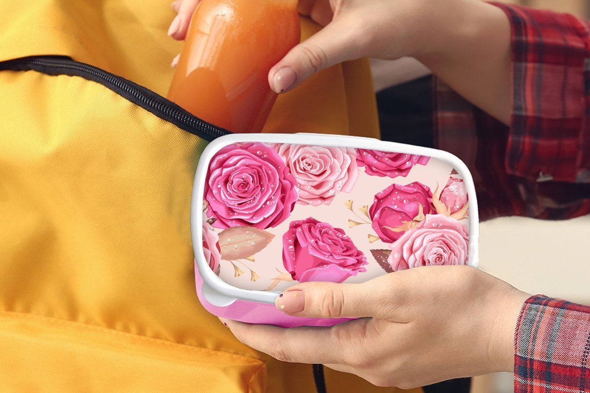Drops, Kinder, - Kunststoff - Blumen Erwachsene, rosa Brotbox Lunchbox MuchoWow Rosen Mädchen, Kunststoff, (2-tlg), Brotdose für Snackbox,