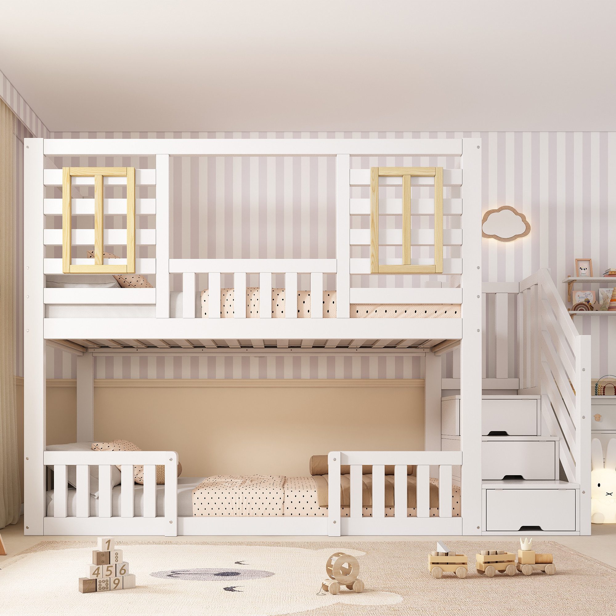 REDOM Hochbett Inklusive Lattenroste, mit Holzfenstern (Packung, 1-St., Etagenbett 90x200 cm, Weiß, 2 Liegeflächen) Praktischer Treppenschrank für Stauraum(ohne Matratze)