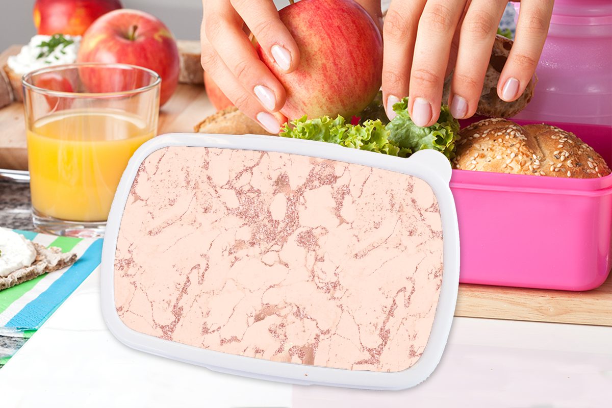 - - Roségold Brotdose Erwachsene, Muster Kunststoff für rosa Lunchbox - Kunststoff, (2-tlg), Brotbox MuchoWow Marmor Chic, Mädchen, Snackbox, Kinder,