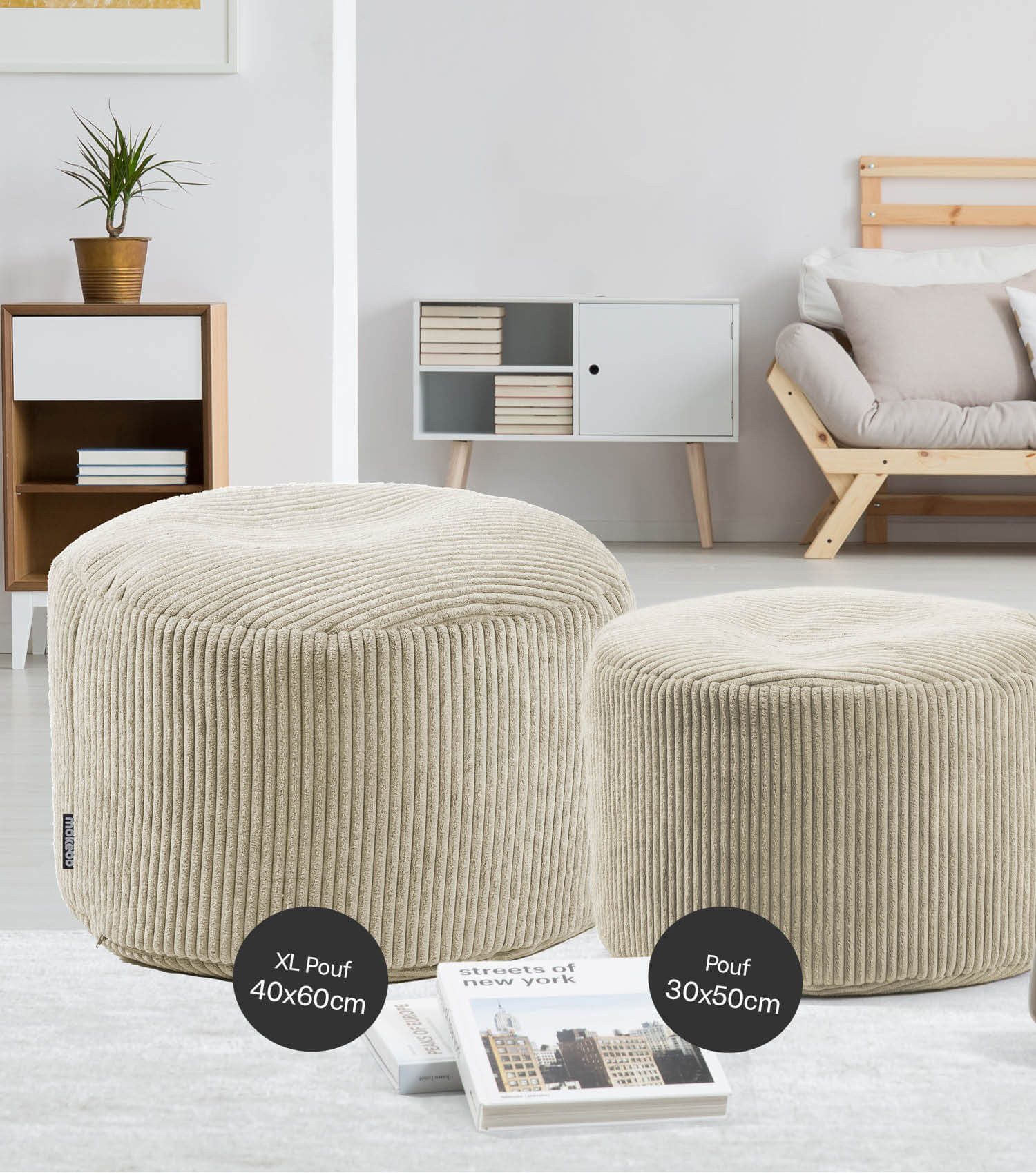 mokebo Pouf Der faule Lenz (rund und aus Cordstoff), Sitz-Hocker, Bodenkissen, Fußhocker, Hocker, Sitzkissen in Beige