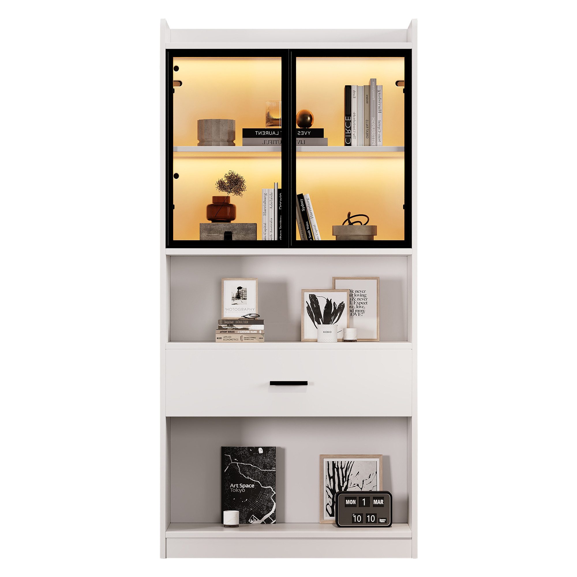 Fanttik Hochschrank Aufbewahrungsregale mit Pop-up Glastüren (1 set, 1er Set mit LED) 1 Schubladen & 16 Farben Licht, Sammlerstücke Schrank Display Regal