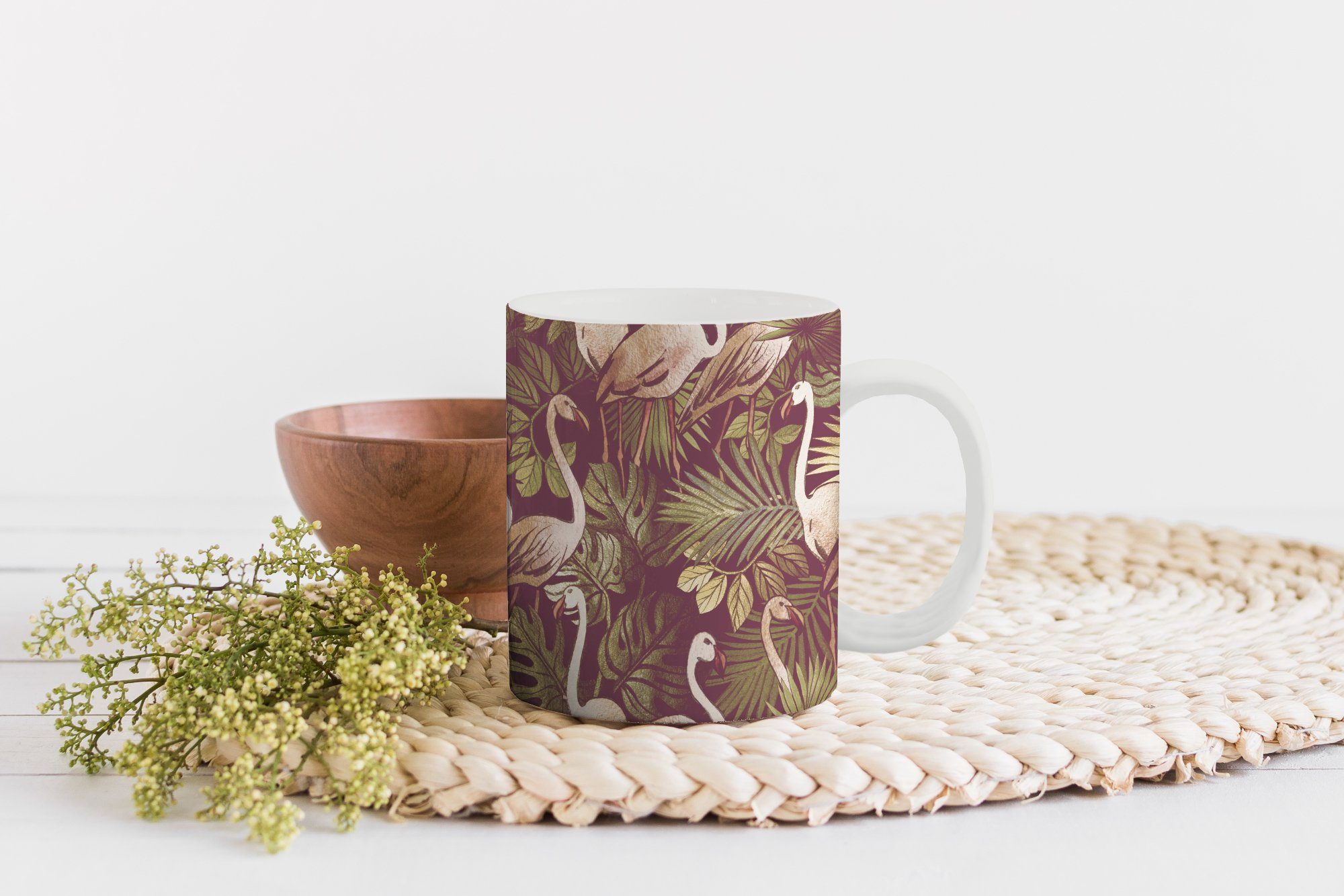 - Teetasse, Dschungel Muster, - Flamingo Vintage - Teetasse, Geschenk Becher, Kaffeetassen, - Keramik, Blätter Tasse MuchoWow