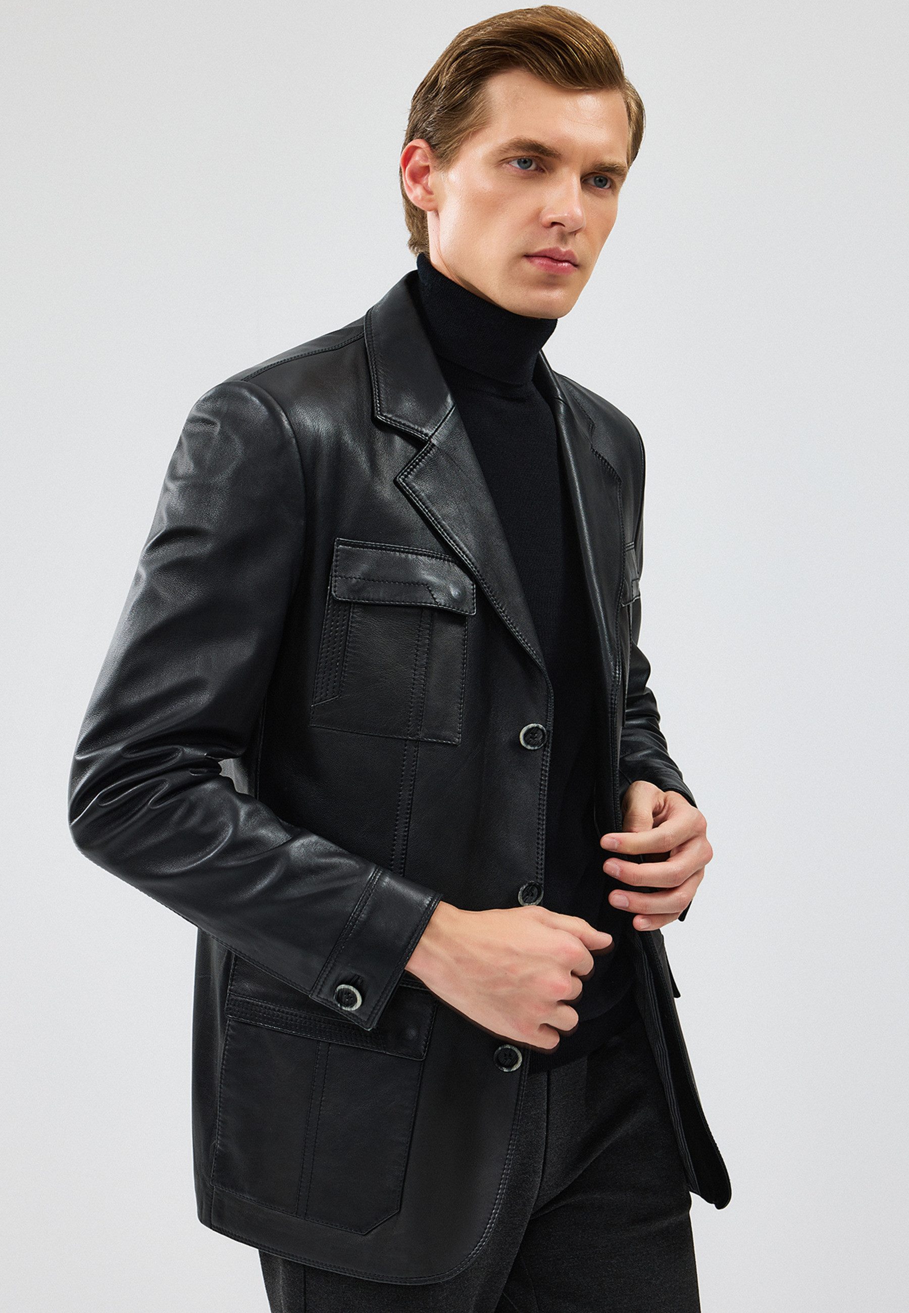 Derimod Lederjacke Kevin Blazer-Lederjacke Regular Fit, Knopfverschluss, Reverskragen, Kurz, Textilfutter