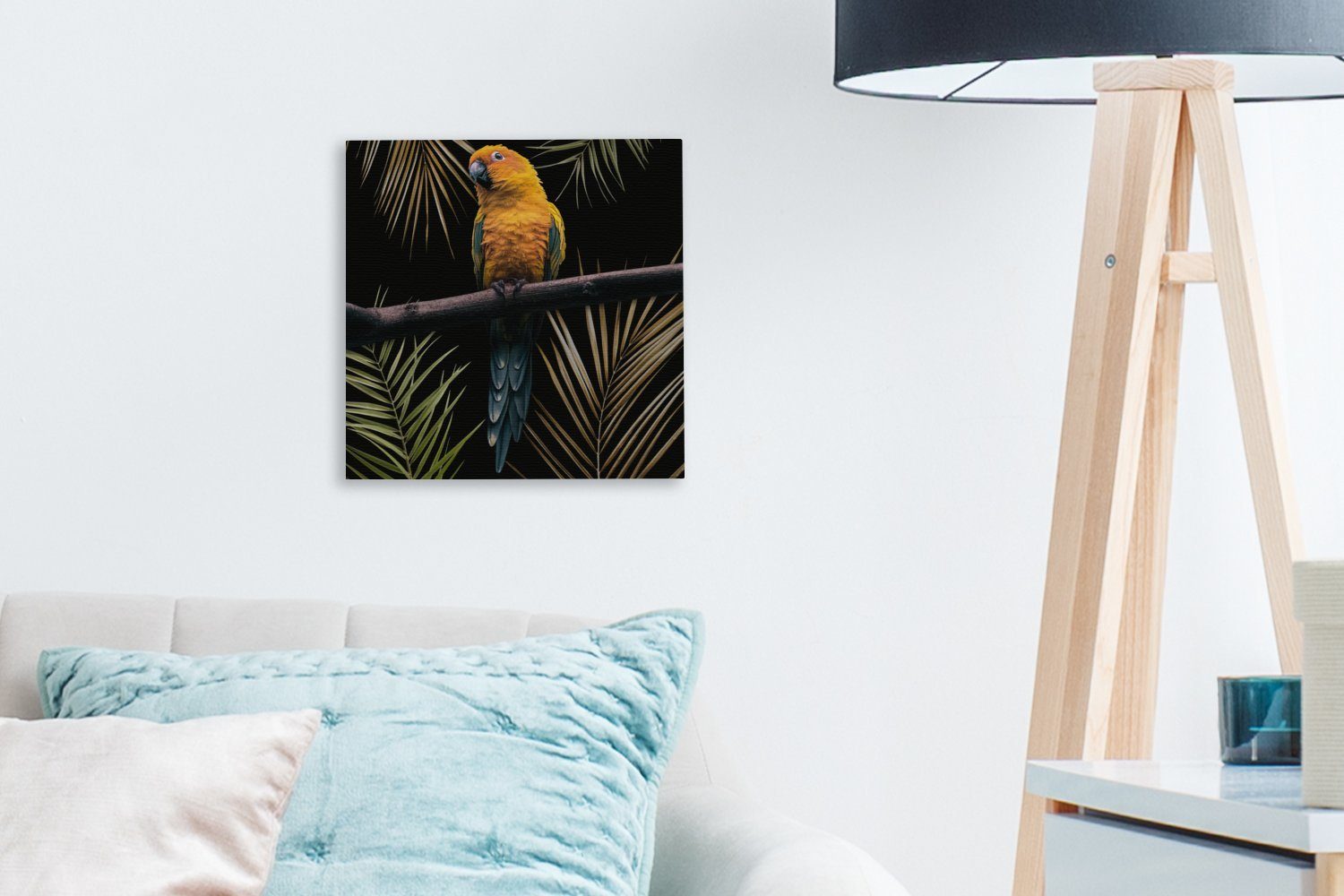 - - Zweig Papagei Wohnzimmer OneMillionCanvasses® Blätter, Vogel - Bilder Leinwand für Schlafzimmer bunt St), Leinwandbild (1