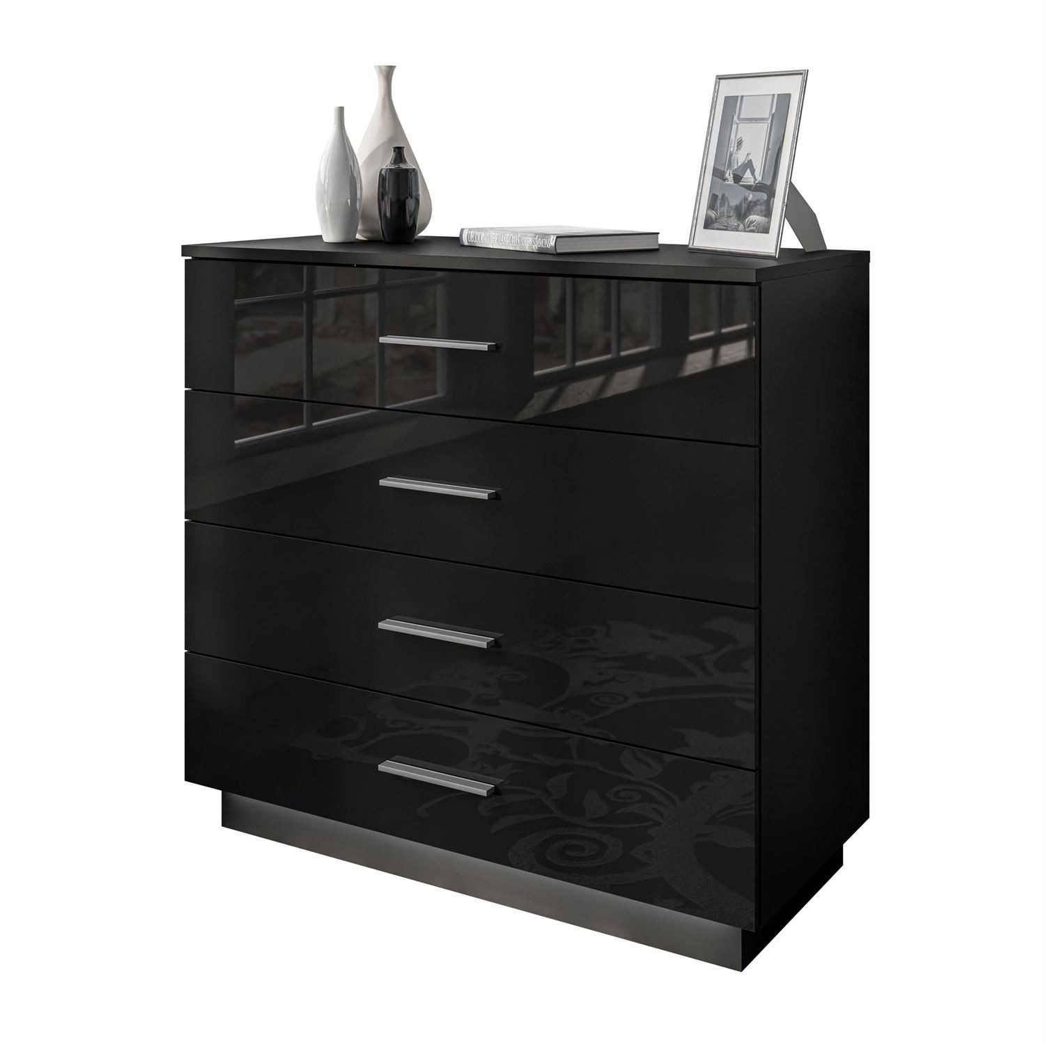 Lookway Kommode LINA 95 mit Griffen Schwarz Hochglanz LED