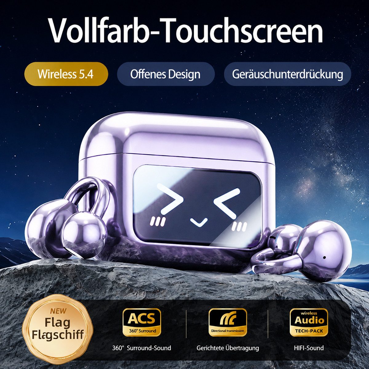 Vashoy Offene Bluetooth-Ohrclip-Kopfhörer mit KI-Übersetzung & Protokoll Bluetooth-Kopfhörer (Echtzeit-Übersetzungsfunktion, Mit Protokollfunktion, Drahtlose Verbindung Bluetooth, 5.4 Bluetooth, wasser- und winddicht, Ohrclip-Design,mit Display)