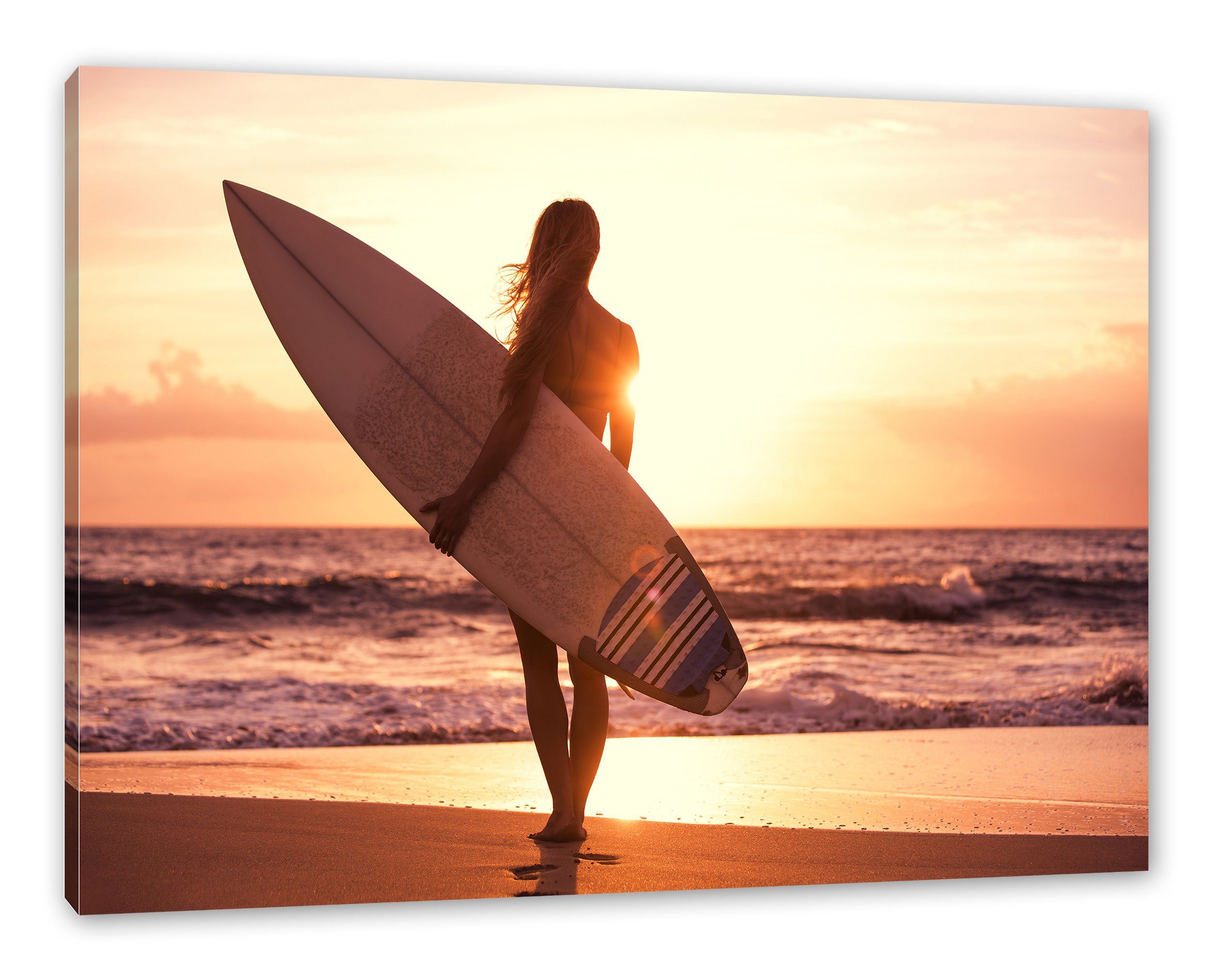 Leinwandbild Zackenaufhänger (1 bespannt, inkl. fertig St), Pixxprint Leinwandbild Surferin Sonnenuntergang Surferin vor Sonnenuntergang, vor