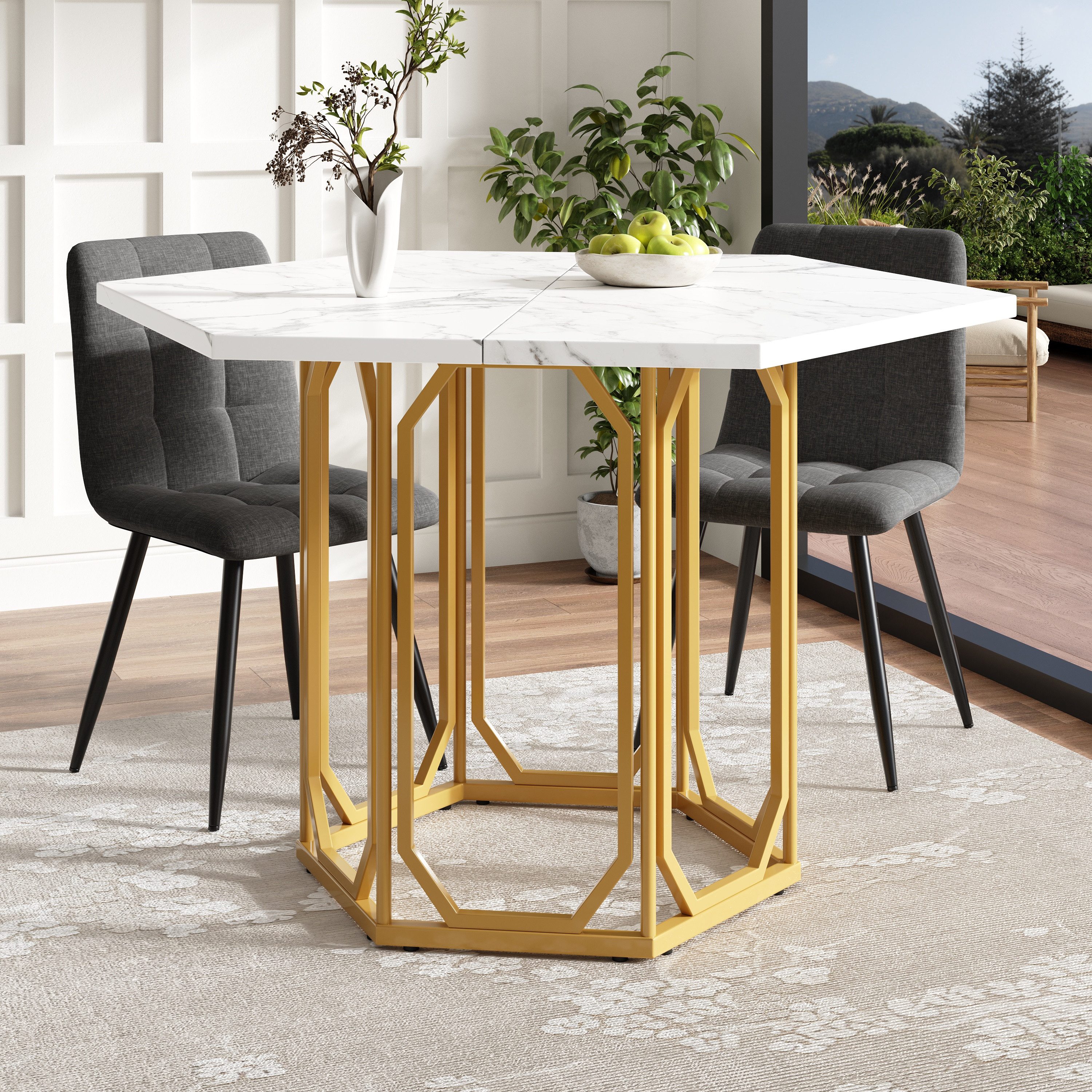 Flieks Esstisch (B110,2/T95,4/H75,5 cm, Mit verstellbaren Fußpolstern, 1-St., 1 Tisch), Sechseckiger Küchentisch Marmoroptik, goldene Metallbeine
