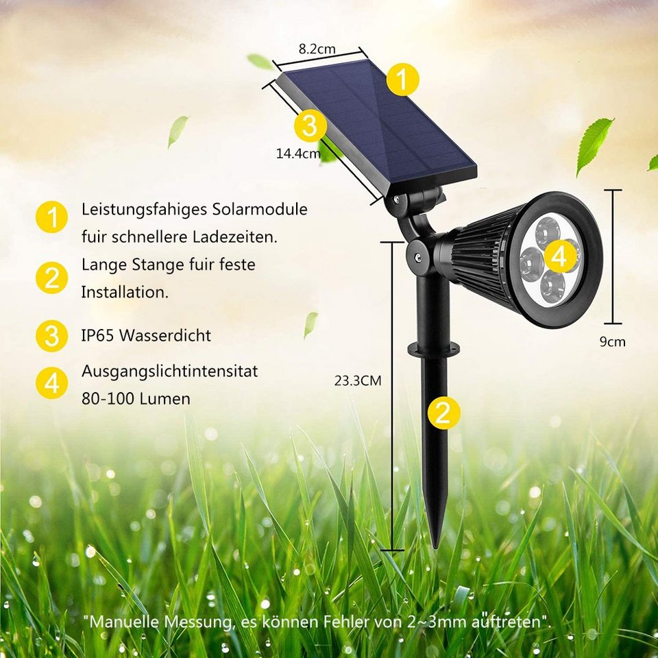 GelldG LED Solarleuchte LED Solar Strahler Solarleuchte (2 Stück; Warmweiß)  Spotlight