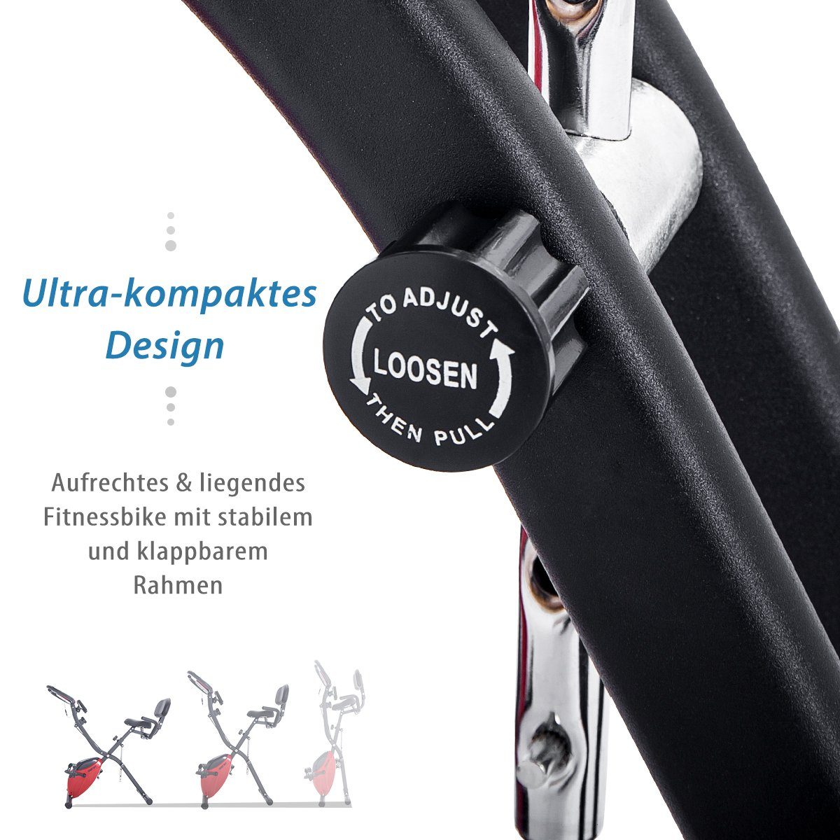 Heimtrainer (magnetische faltbares Fitnessfahrrad), 3-in-1 X-bike mit Expanderbänder, 10 Widerstandsstufen, Max 120 kg