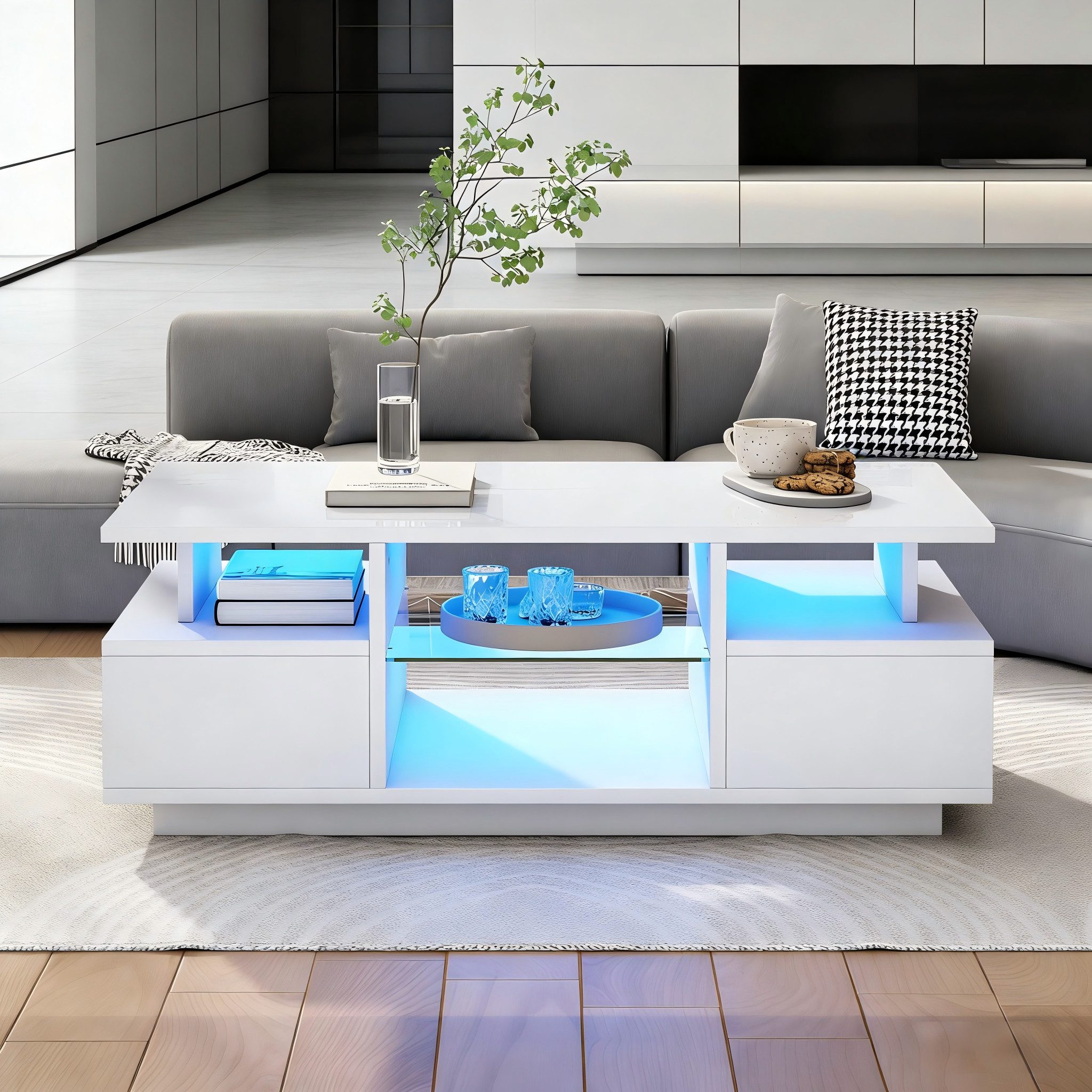 MODFU Couchtisch Praktischer Kaffeetisch mit beleuchtetem Stauraum (Packung, 1-St., Fügt Funktionalität und moderne Atmosphäre in Ihr Wohnzimmer), In Weiß, 100x50x36 cm, 2 Schubladen, offenes Fach, Glas-Elemente