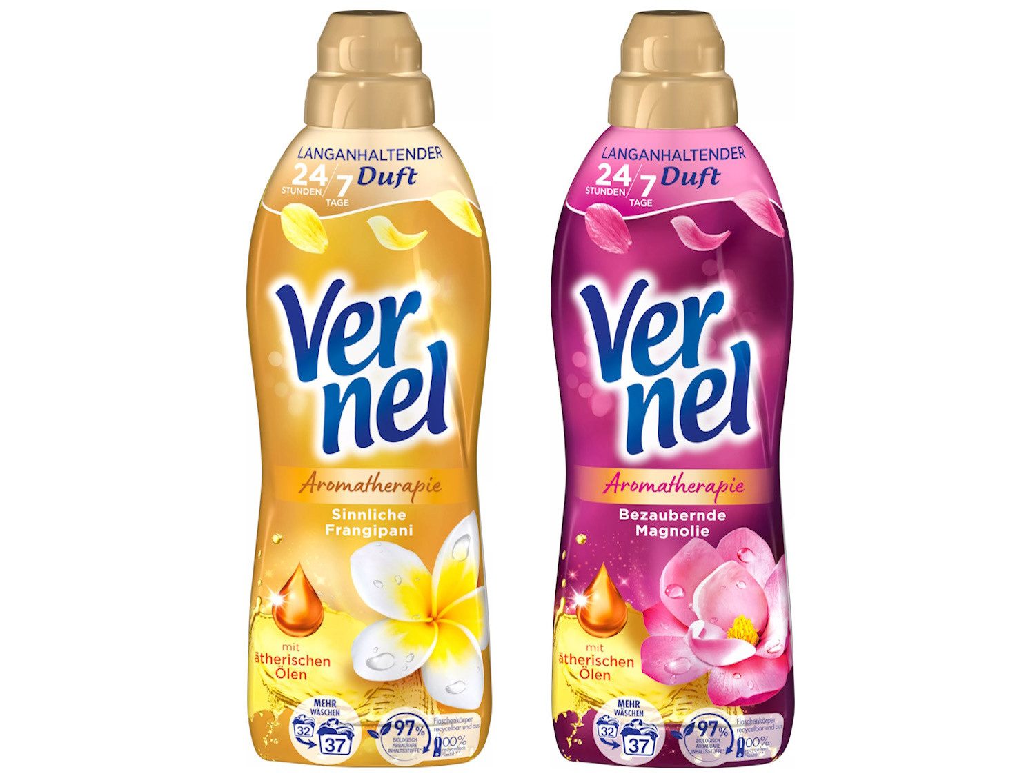 Vernel Aromatherapie Bezaubernde Magnolie & Sinnliche Frangipani (2 x 37 WL) Weichspüler (Doppelpack, [2-St. mit ätherischen Ölen)