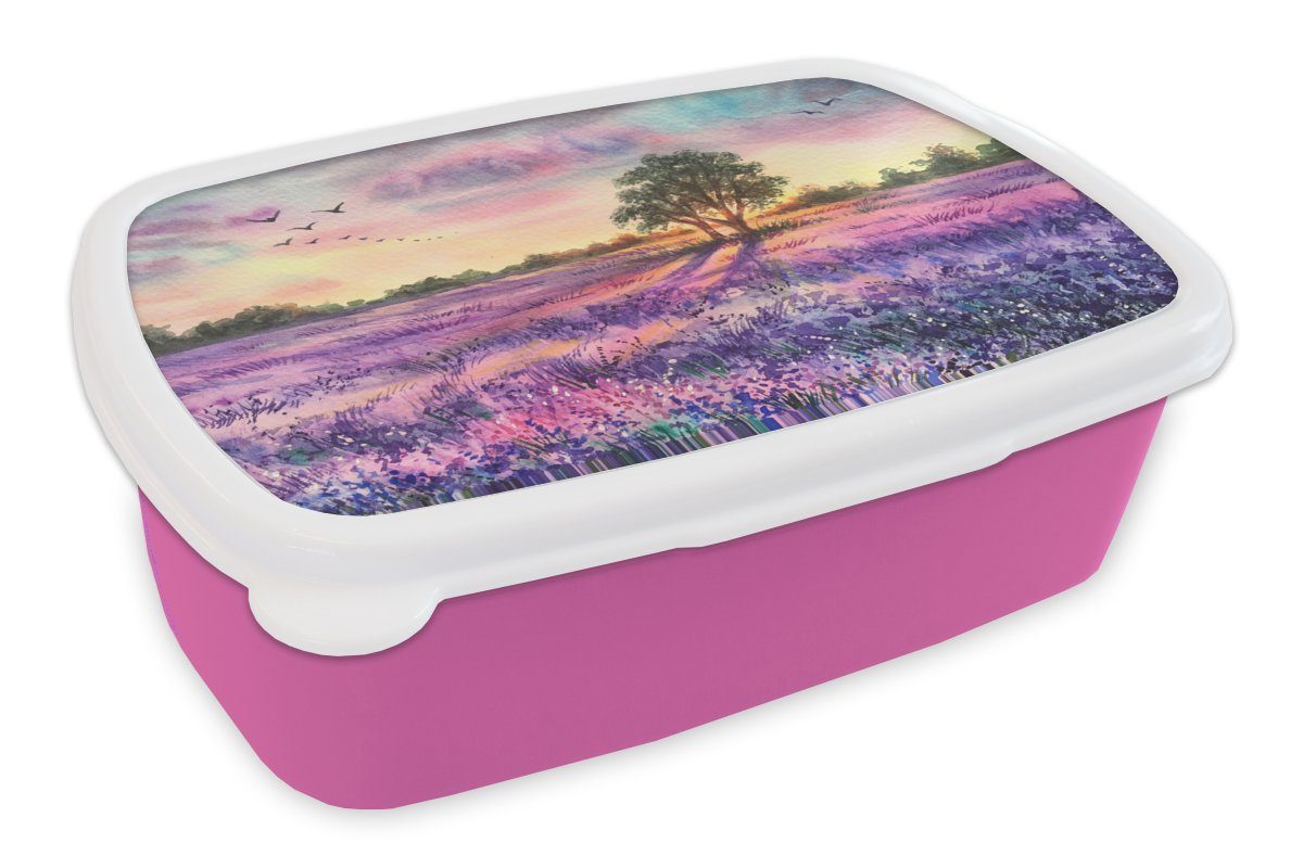 MuchoWow Lunchbox Lavendel - Farbe - Vögel - Bäume - Lila, Kunststoff, (2-tlg), Brotbox für Erwachsene, Brotdose Kinder, Snackbox, Mädchen, Kunststoff rosa