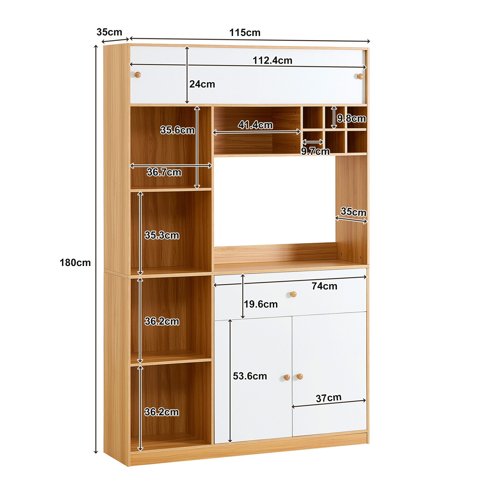 Celya Hochschrank Küchenschrank, Küchenbuffet mit Einstellbare LED-Beleuchtung (mit 1 Schublade, Offene Regale und großer Platz für Mikrowelle) Ideal für Esszimmer, Wohnzimmer und Küche