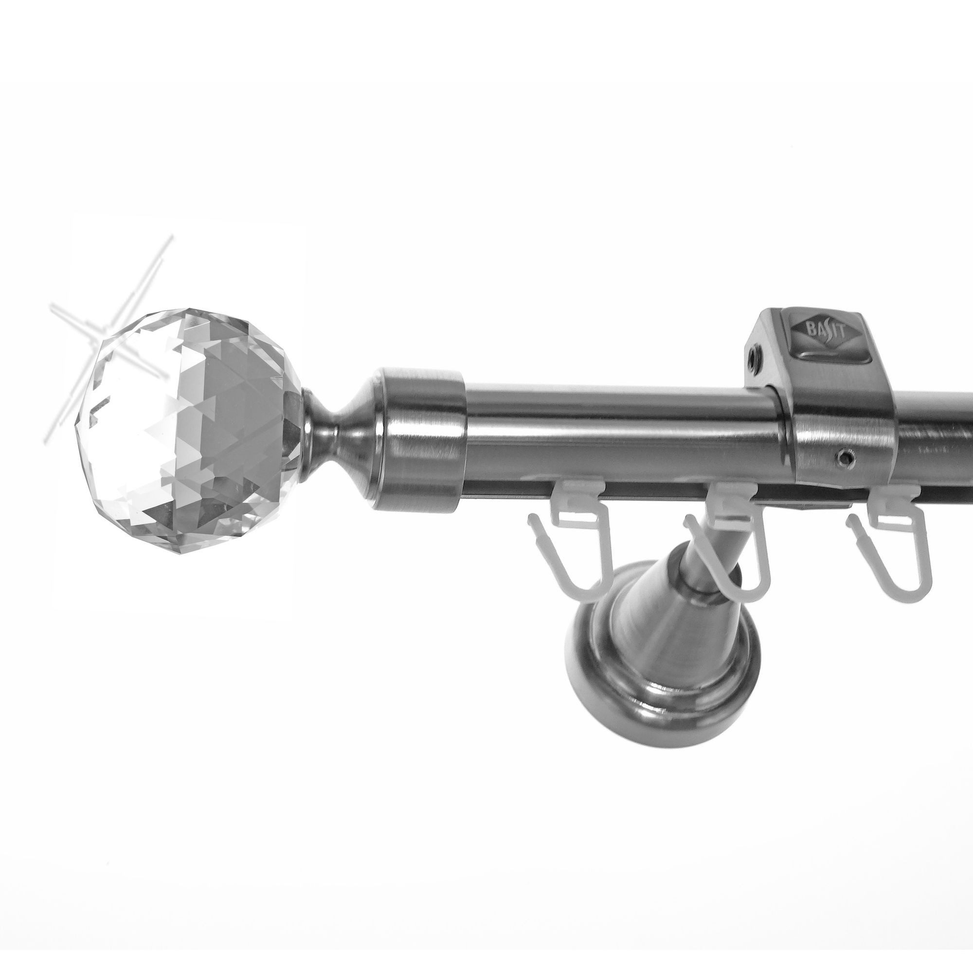 BASIT Gardinenstange Innenlauf Edelstahloptik 20mm mit Wandträgern 160 cm E87, Ø 20 mm, 1-läufig, verschraubt, Aluminium, H50I 160 cm E87 Kristall Kugel