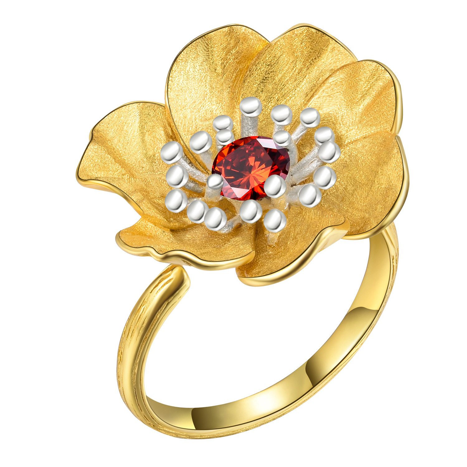 Silberring blühende Anemone mit Granat verstellbarer Ring