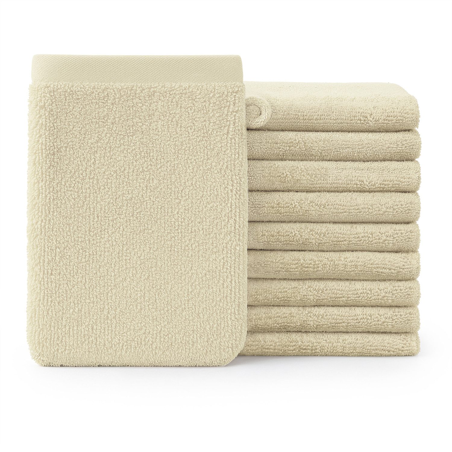 Blumtal Waschhandschuh 10er Set aus Frottee 15x20 cm - weich und saugstark, (Set), mit modischer Bordüre und praktischer Aufhängeschlaufe, 100% Baumwolle