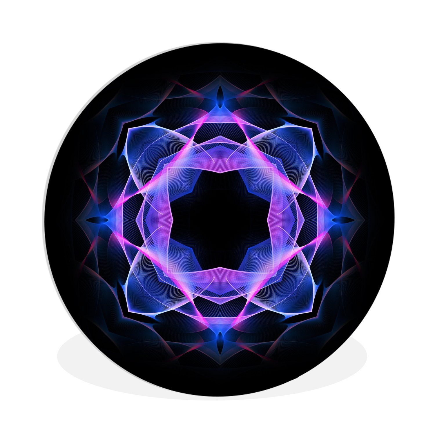 MuchoWow Gemälde Blaues Neon-Mandala-Kaleidoskop-Muster auf Schwarz, (1 St), Kreis Wanddekoration Forex, Rundes Wandbild, Wohnzimmer, 30x30 cm | Gemälde