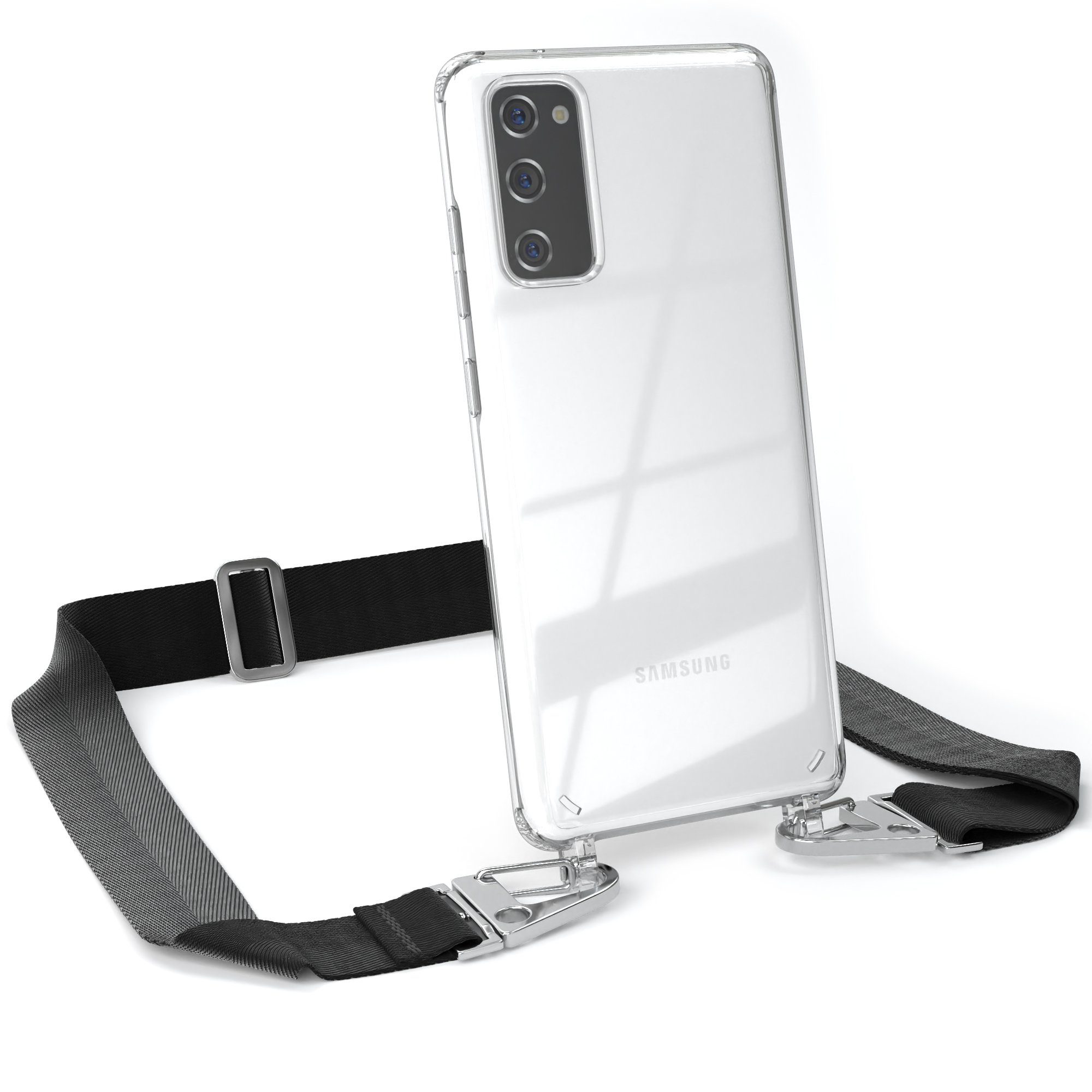 EAZY CASE Handykette Silikon Kette Karabiner für Galaxy S20 FE / 5G 6,2 Zoll, Schutzhülle zum Umhängen Handyhülle mit Umhängeband Schwarz Silber