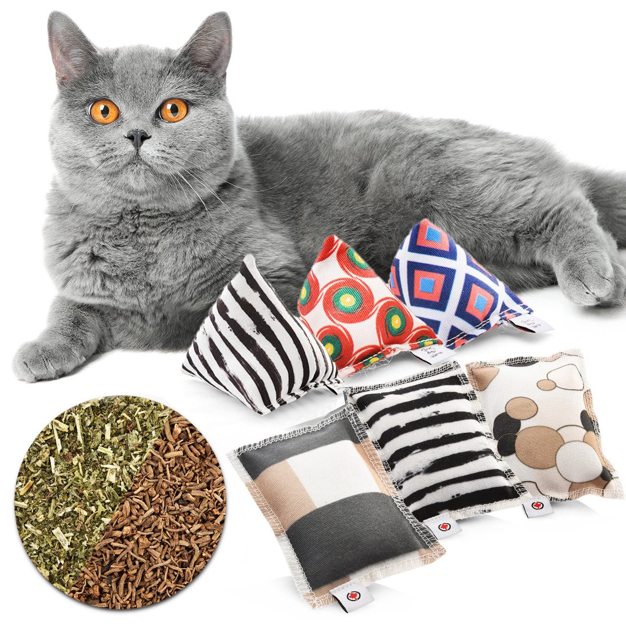 Canadian Cat Company Tier-Intelligenzspielzeug Katzen Schmusekissen Set, mit Katzenminze, Mini Pyramiden-Kissen, 6er Schmusekissen-Set