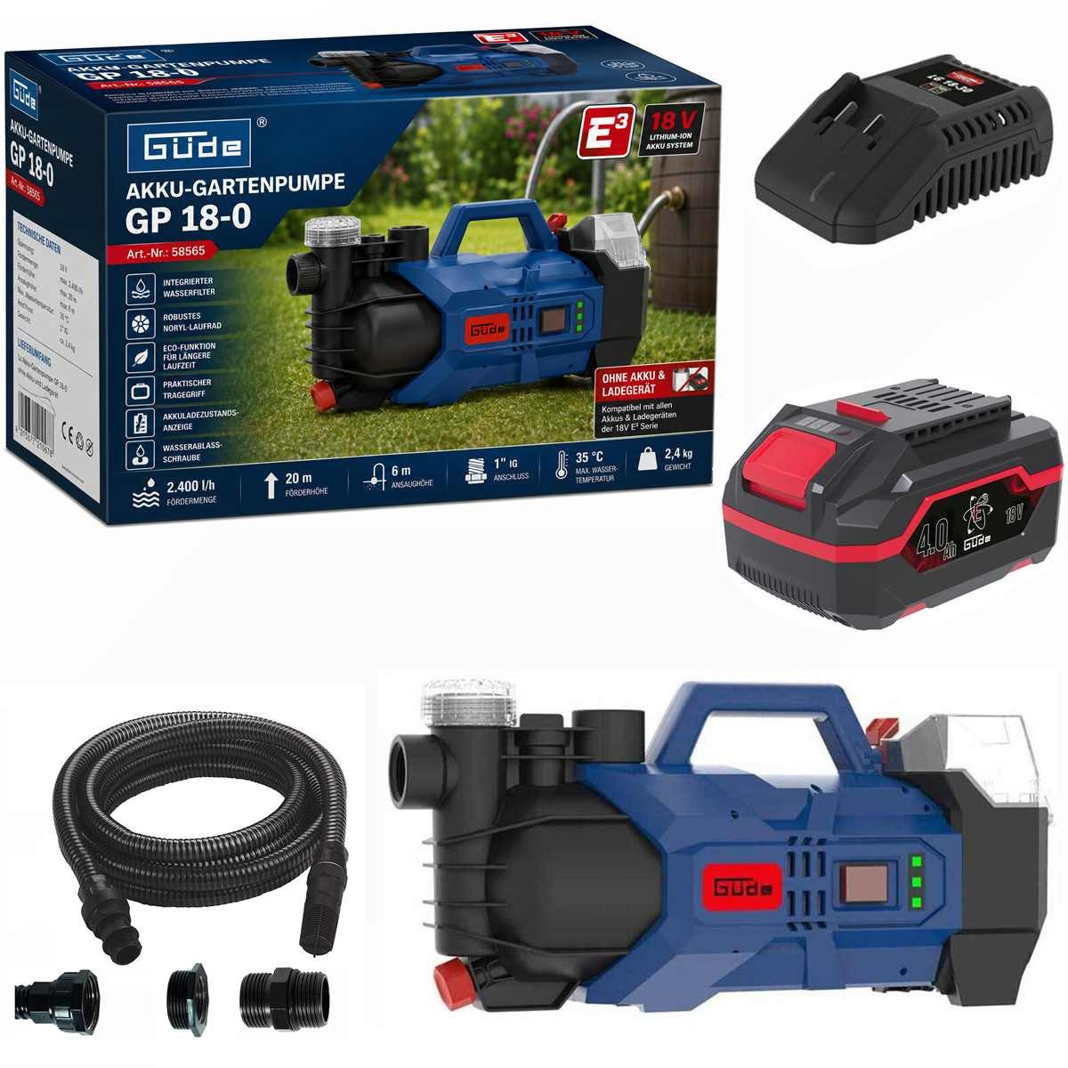 Güde Akku-Gartenpumpe Gartenpumpe GP 18 V mit Akku 4.0 Ah Wasserfilter Saugschlauch