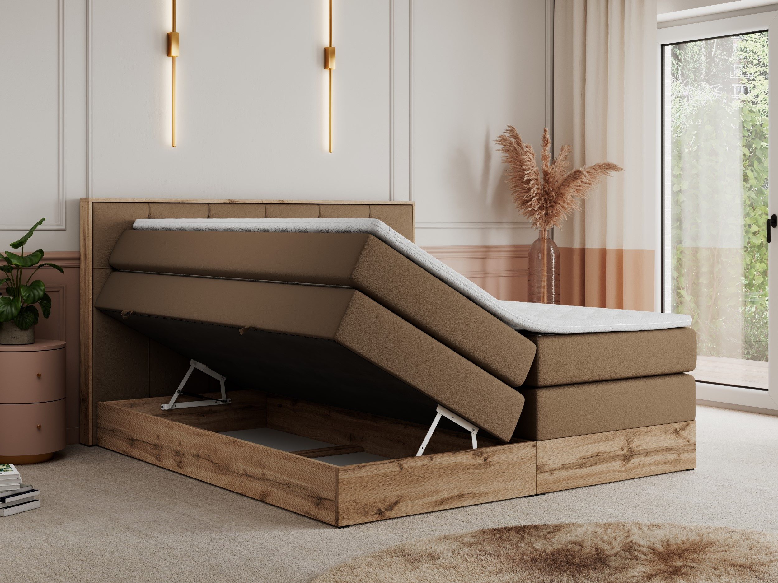 MKS MÖBEL Boxspringbett VENETO KING (Doppelbett, Multipocket-Matratzen, Topper T25/Visco, T30-Schaum), zwei Bettkästen und Rahmen in Eichen-Optik, Schlafzimmer, Polsterbett