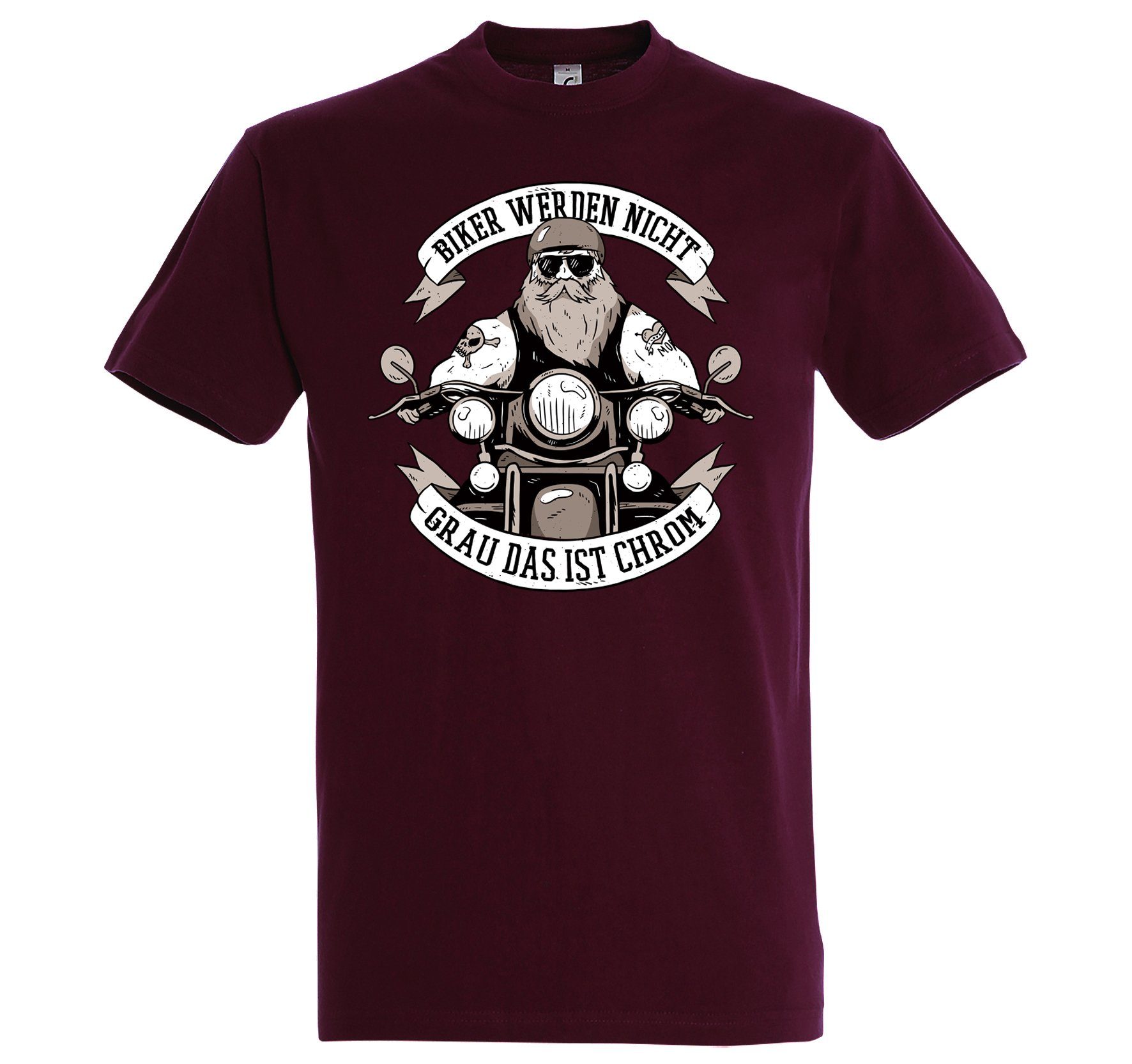 Das T-Shirt Youth Burgund Ist Chrom mit trendigem Frontprint Designz Shirt Biker