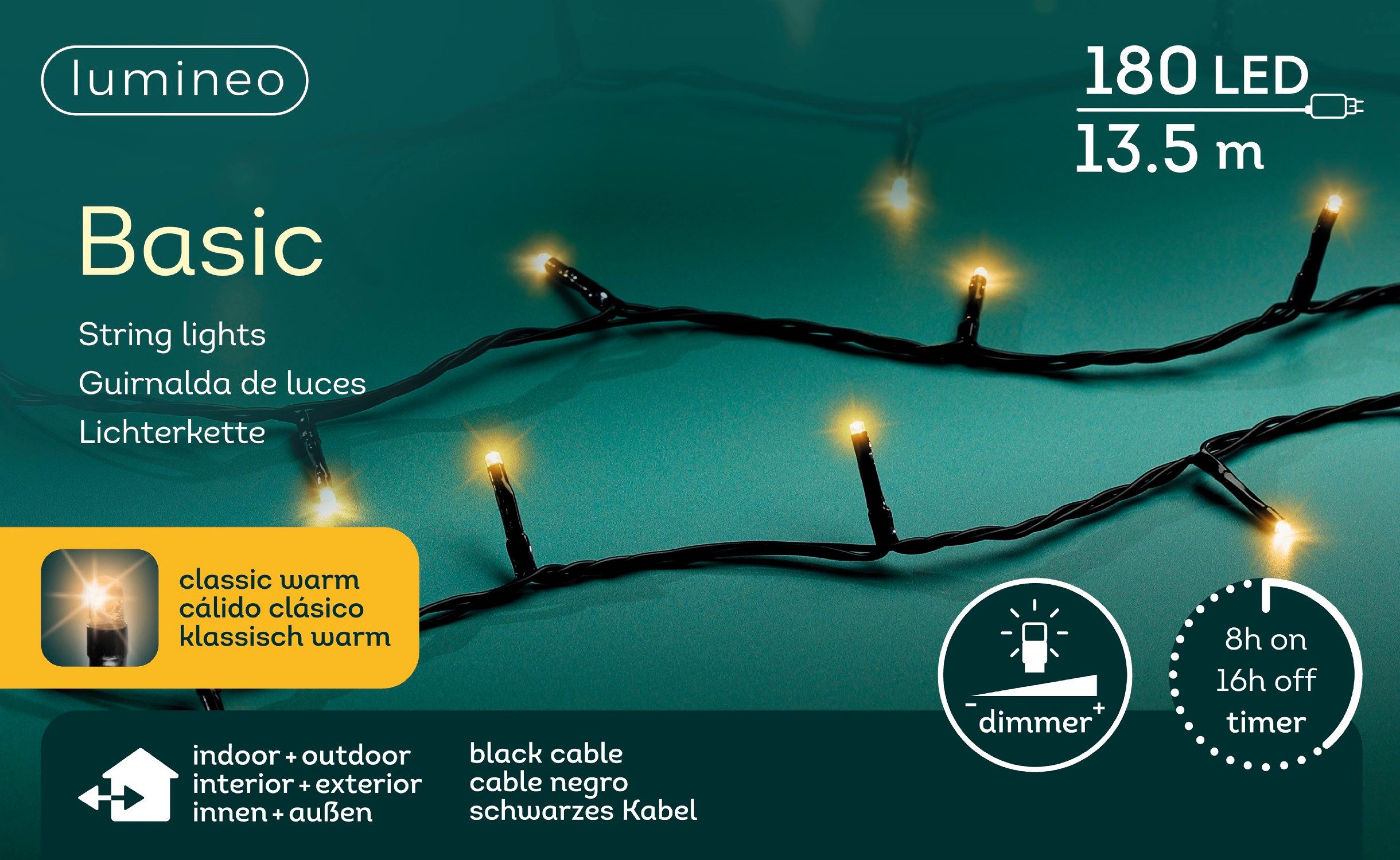 Lumineo LED-Lichterkette Lumineo Lichterkette BASIC 180 LED 13,5 m klassisch warm, schwarz, Indoor/Outdoor, dimmbar, 8h-Timer, + 5 m Zuleitung
