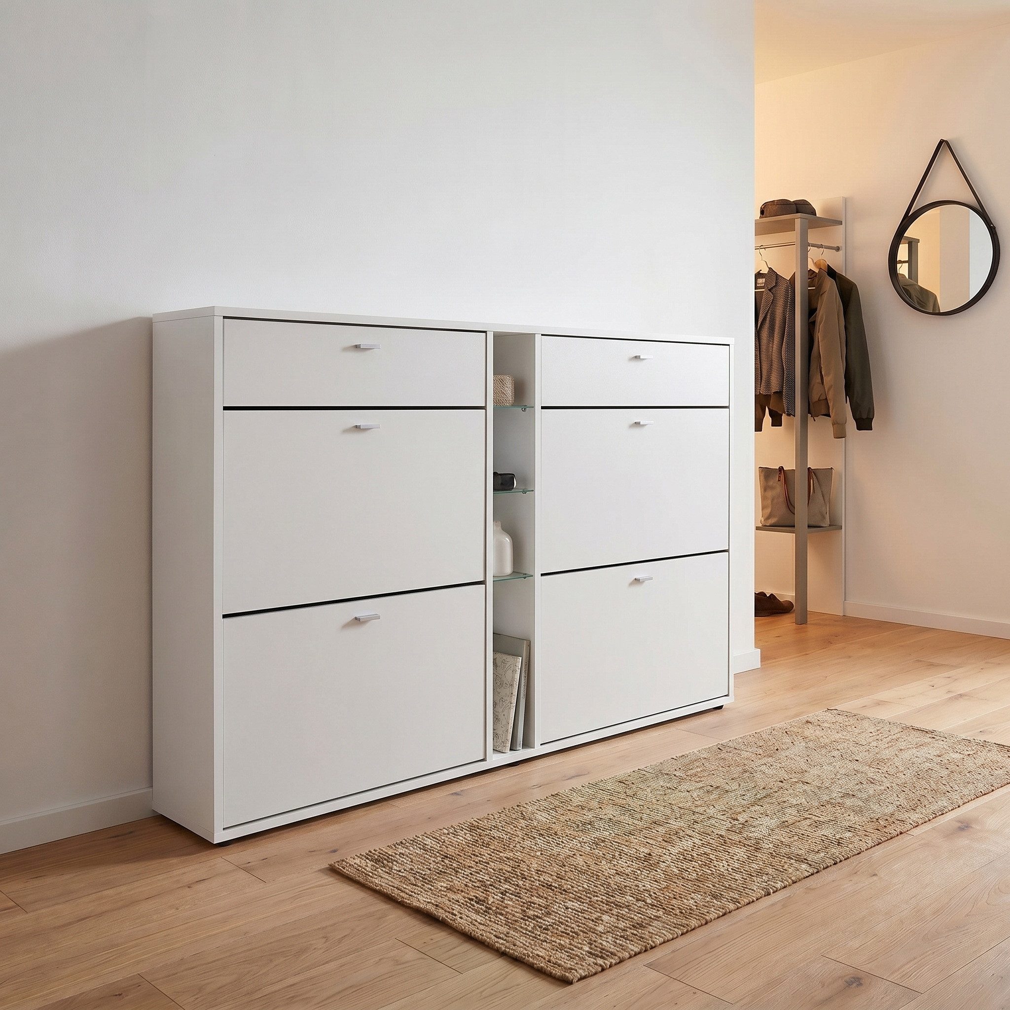 Vladon Schuhschrank Today (Schuhkipper für 24 Paar Schuhe mit 4 Klappen, 2 Schubladen und 3 offene Fächer) Weiß matt/Weiß matt (155,5 x 95 x 28 cm)